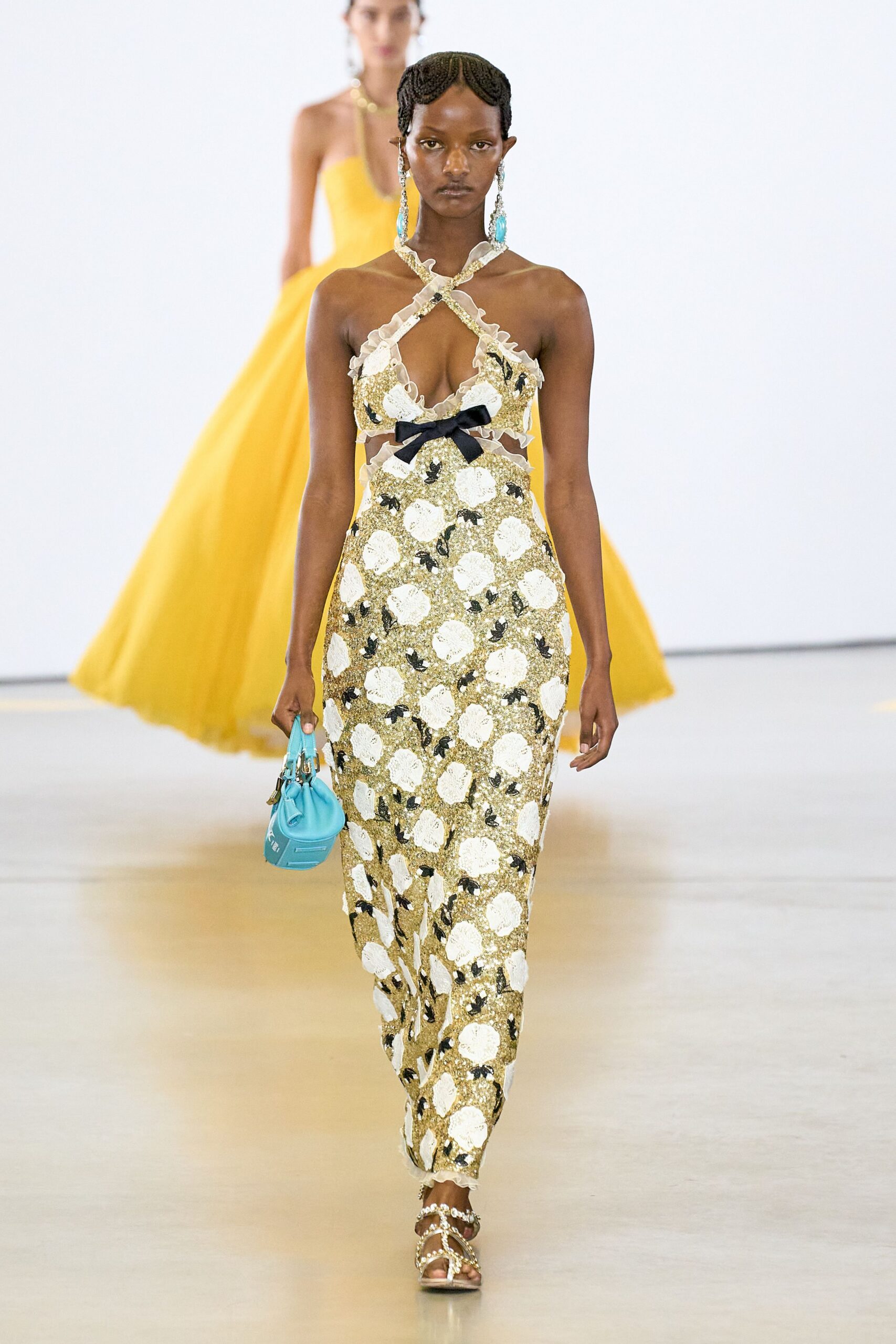 gold sequin sleeveless v-neck fitted embellished flared dress