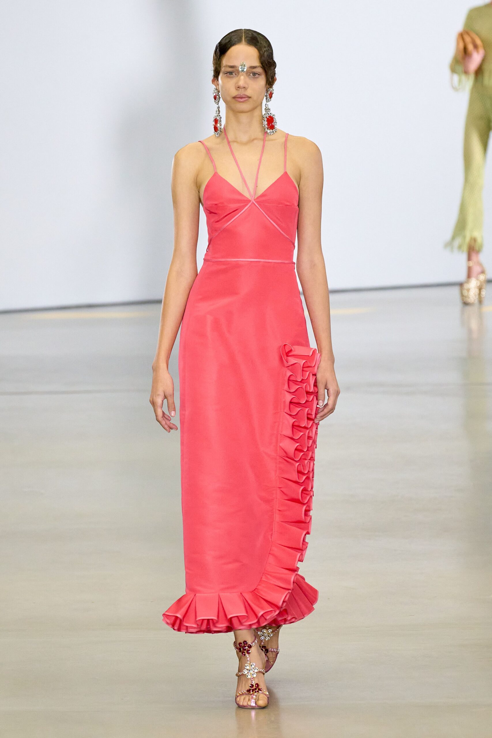 pink silk sleeveless v-neck fitted ruffled midi dress
