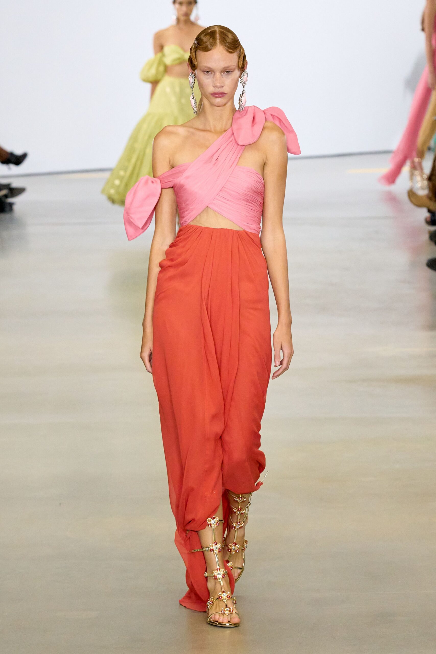 pink silk sleeveless off-shoulder fitted draped maxi dress