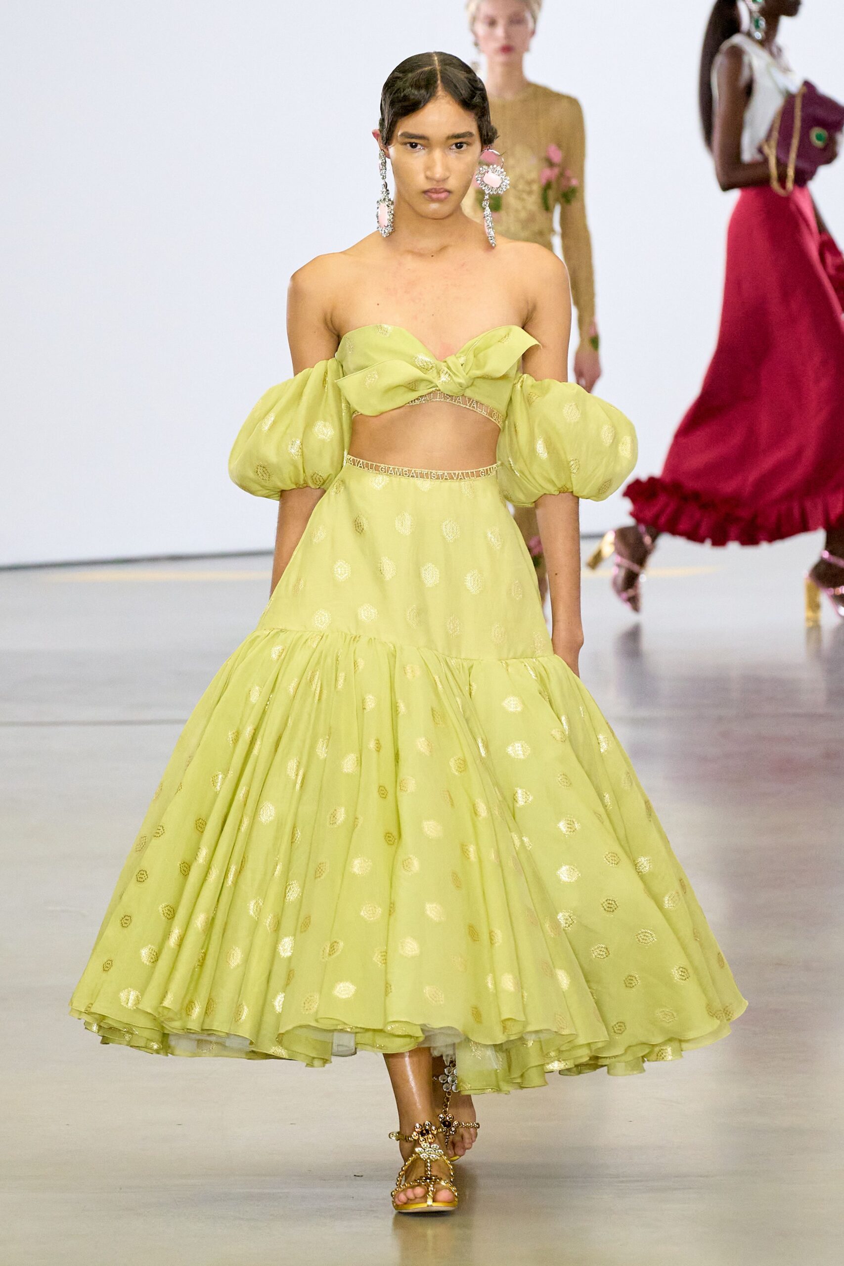 yellow chiffon sleeveless off-shoulder fitted pleated embroidered dress