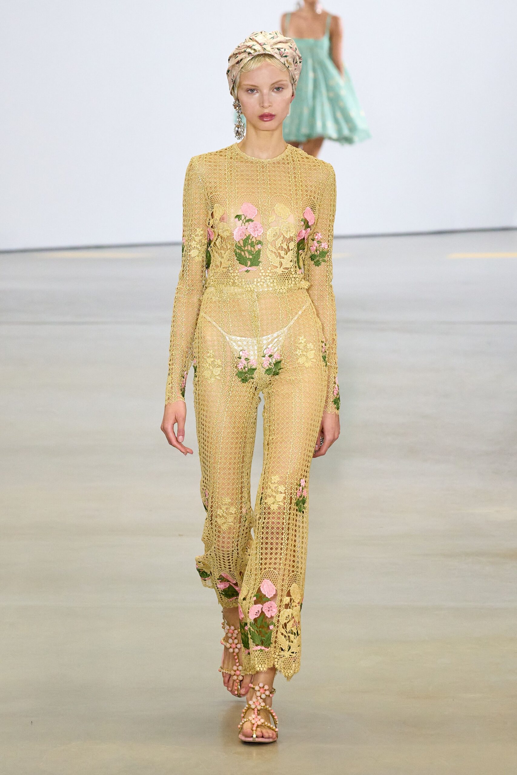yellow lace long-sleeve high-neck fitted embroidered sheer catsuit