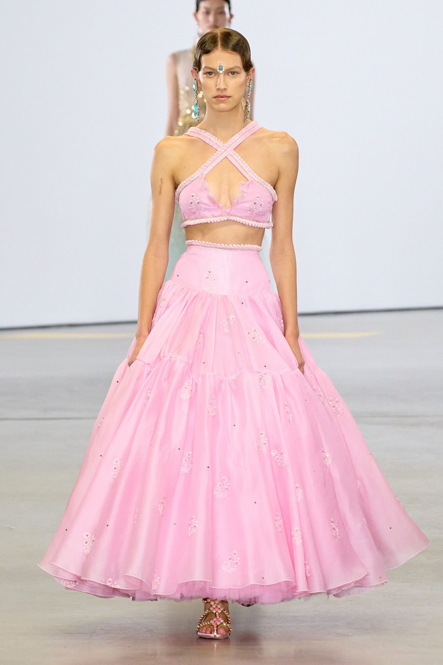 pink silk sleeveless halter fitted embroidered crop-top