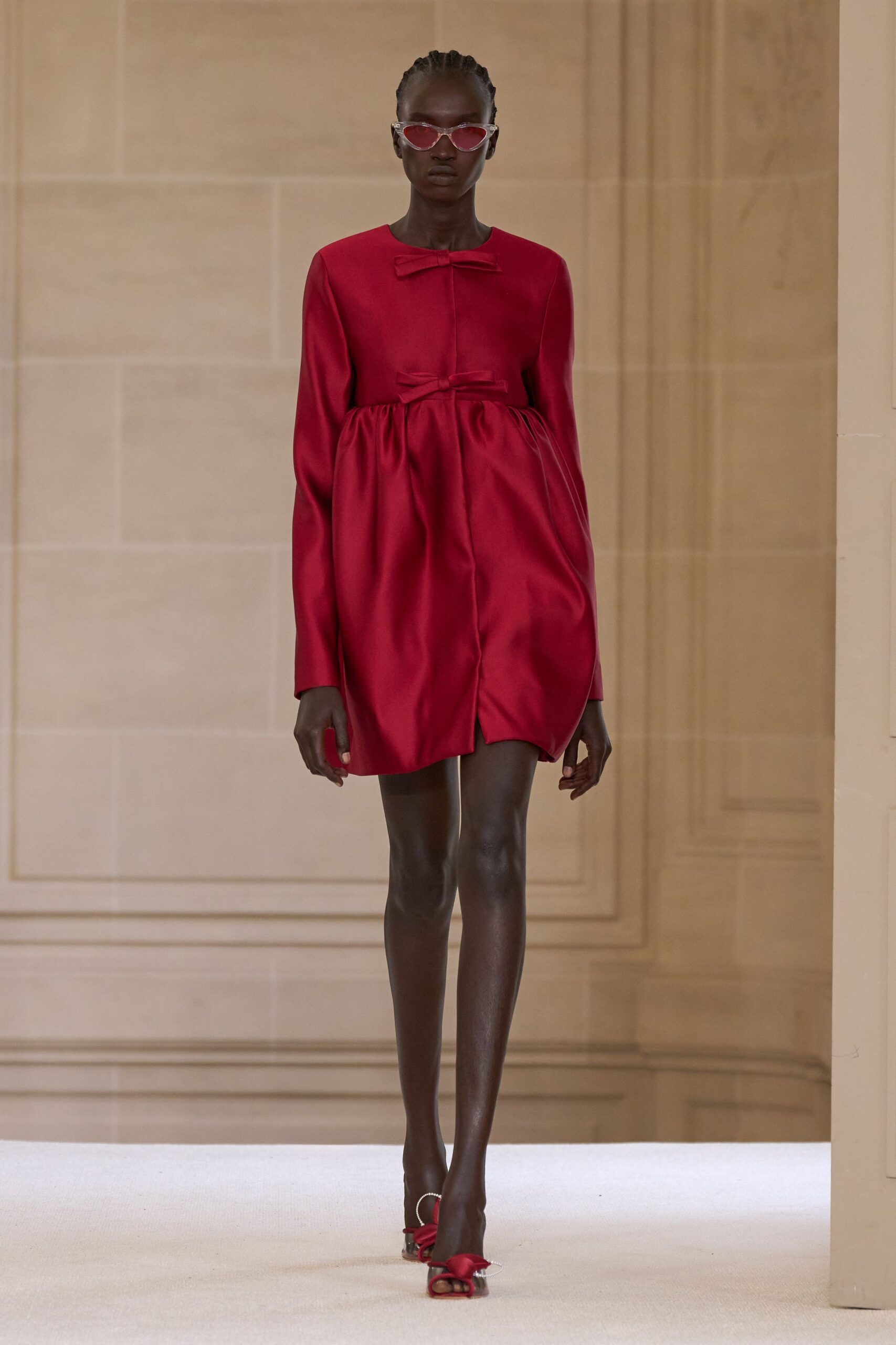 red silk mini dress with sunglasses
