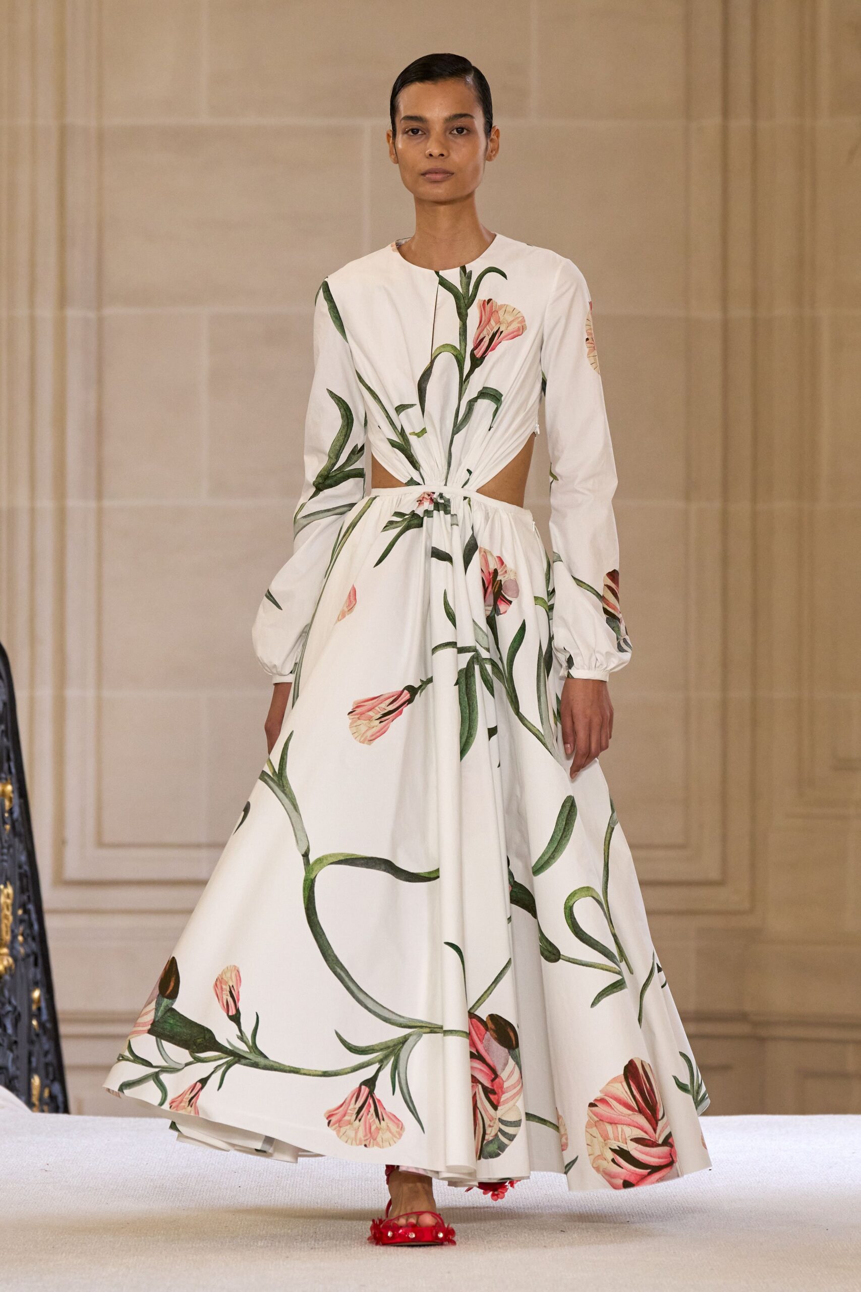 floral maxi dress with red shoes