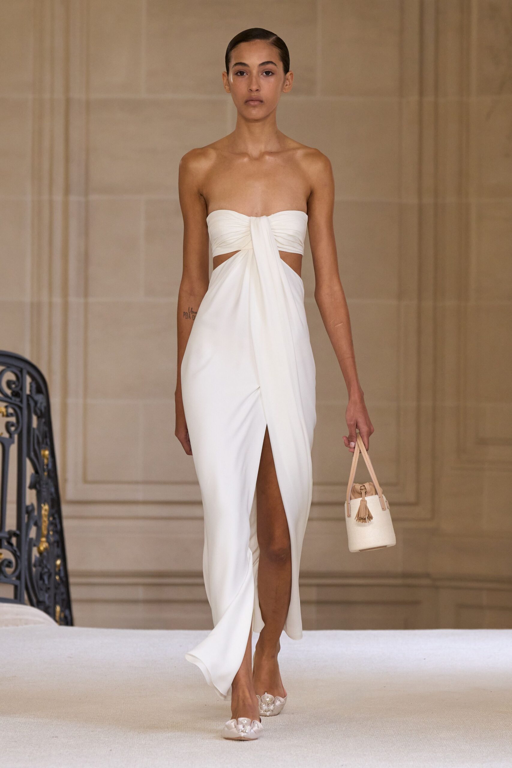 white silk strapless gown