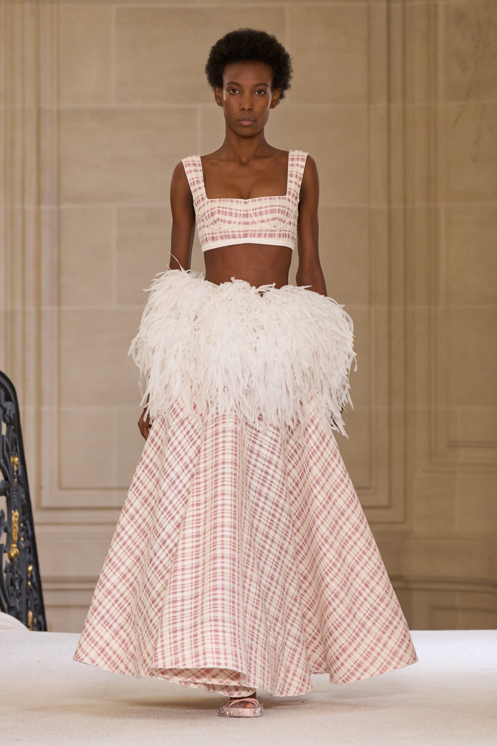 white and pink checked crop-top and skirt