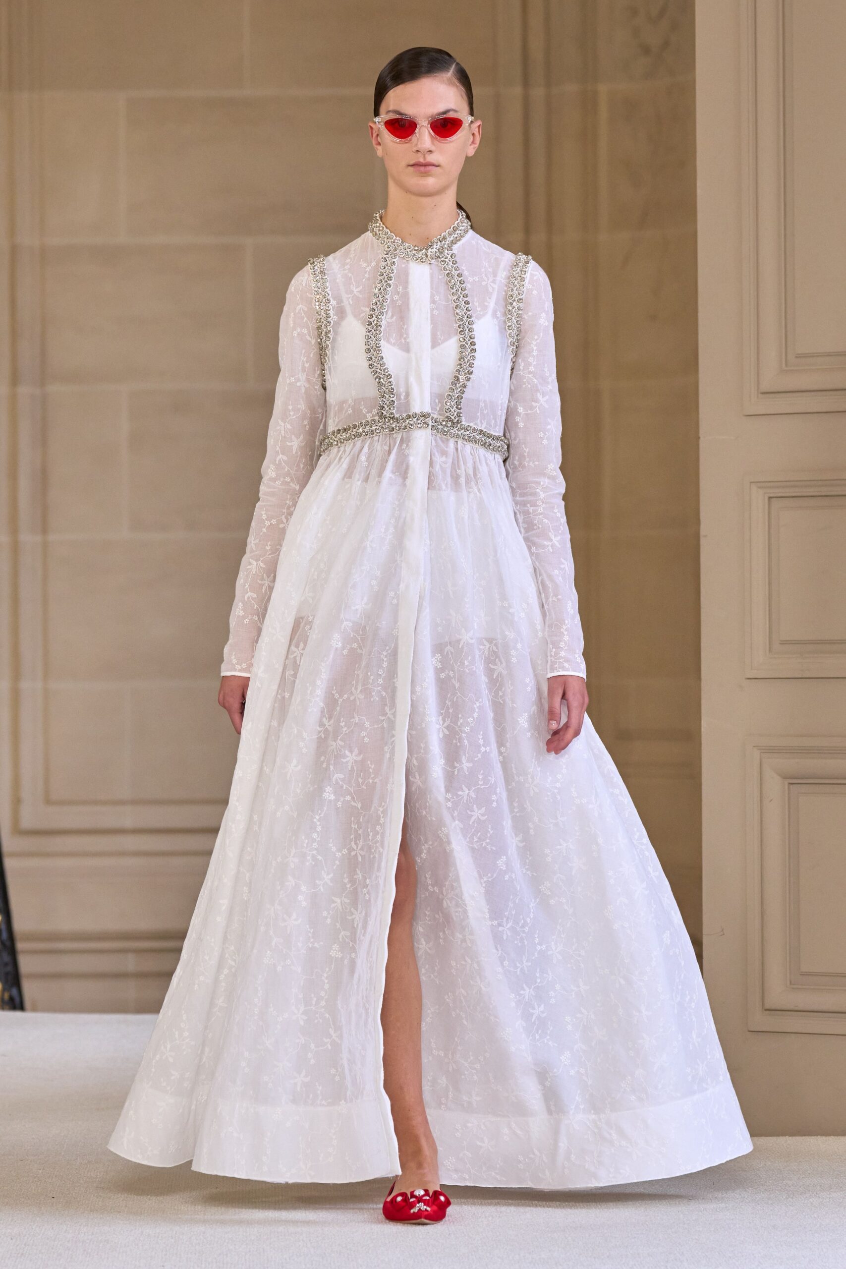 white sheer embroidered gown