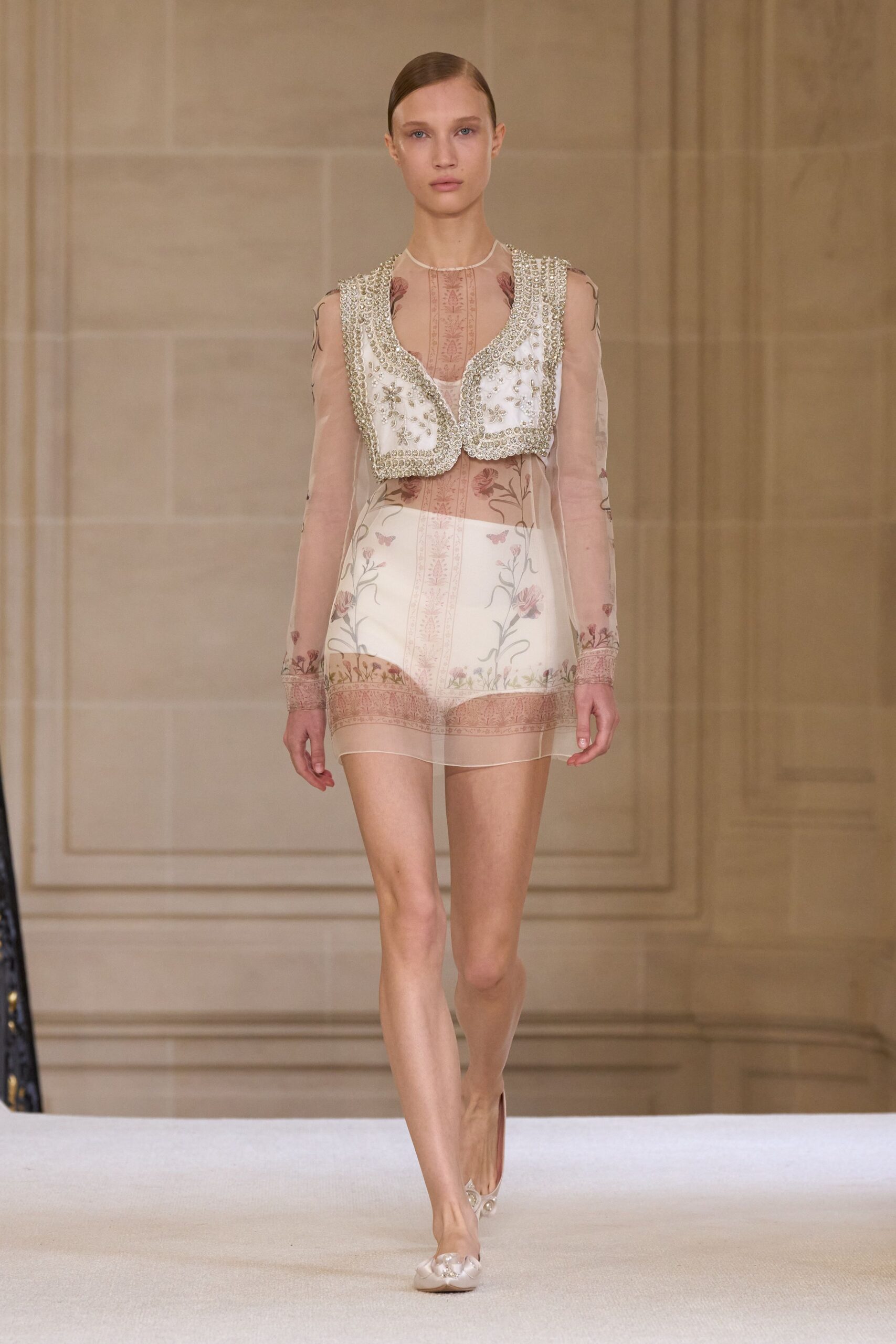 beige embroidered silk top and shorts