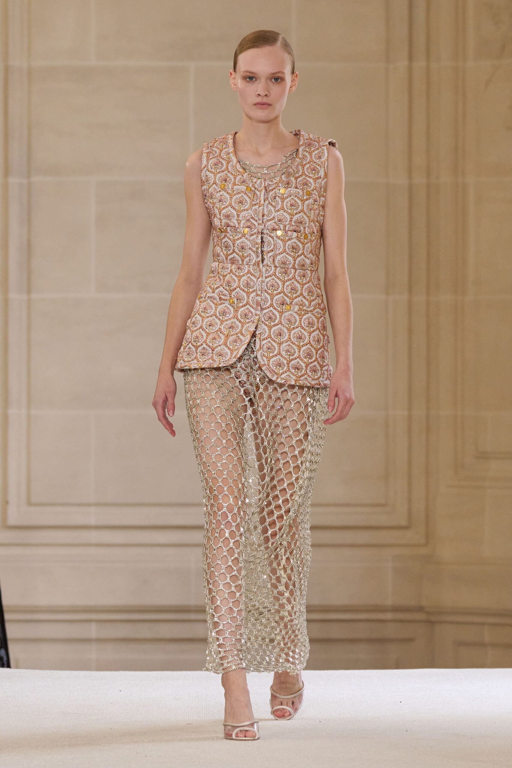 gold embroidered vest with sheer pants