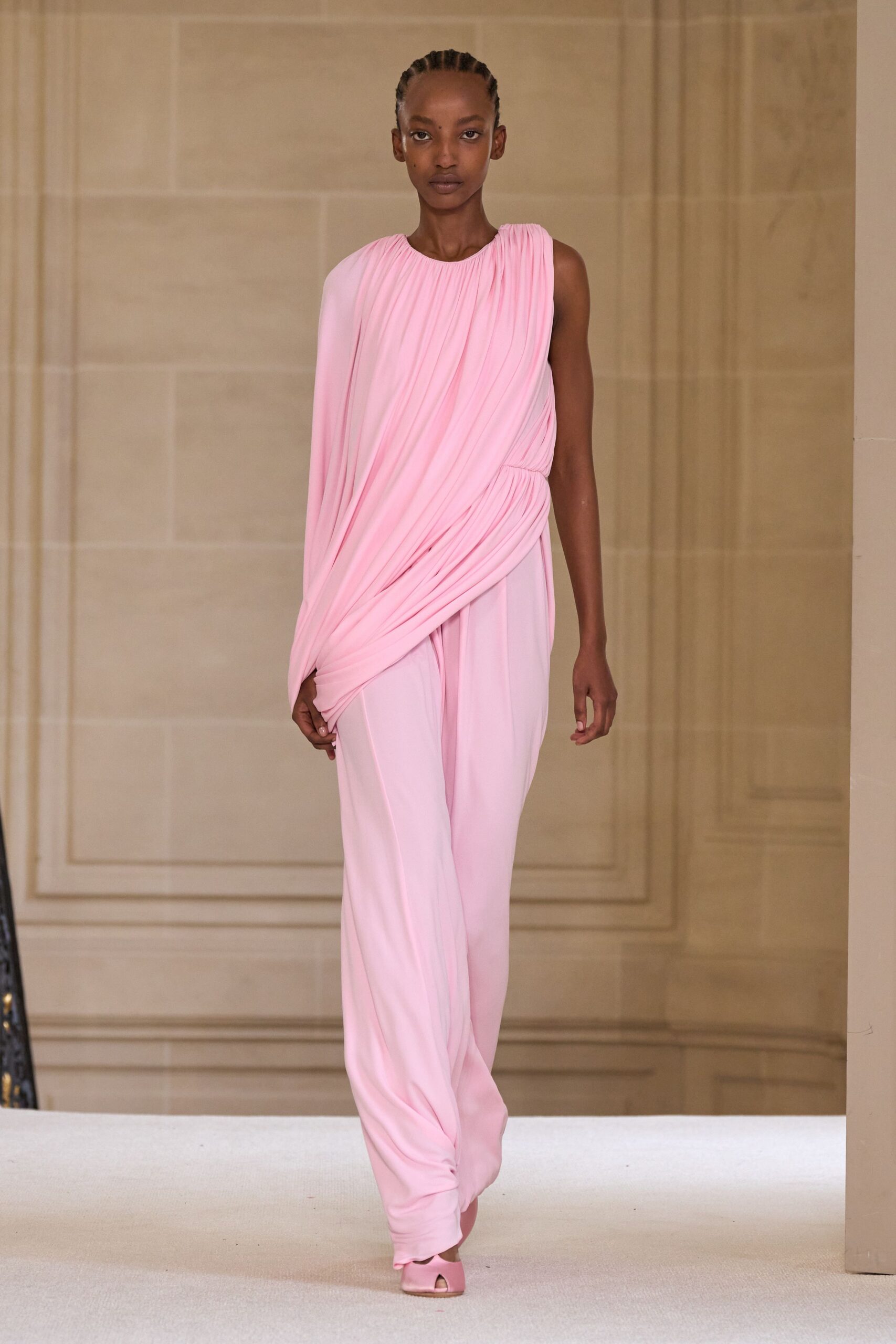 pink silk draped jumpsuit