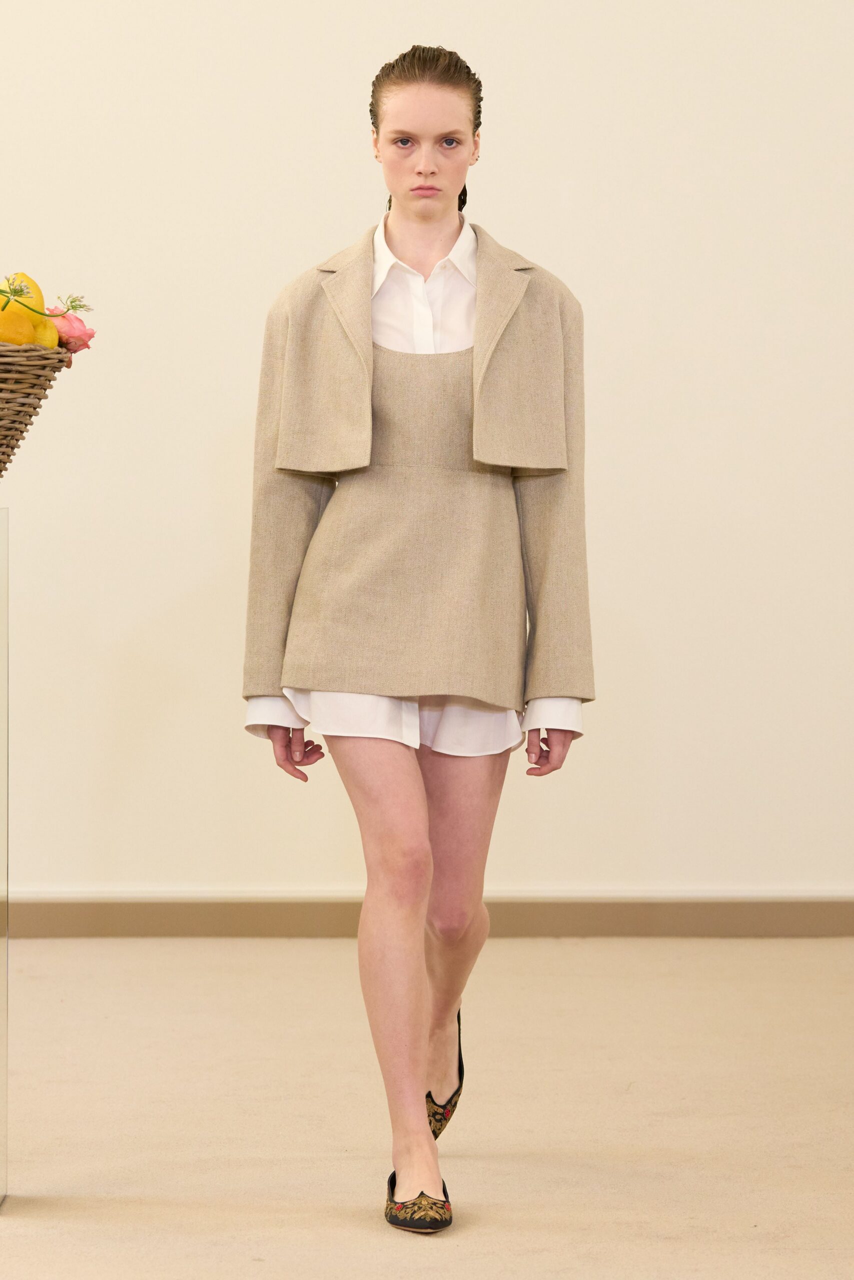 beige cotton short-sleeve collared structured jacket
