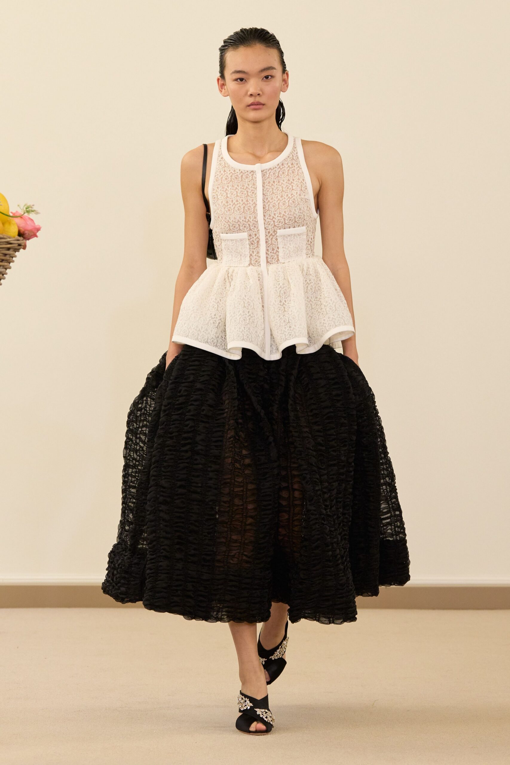 white fitted top black tiered skirt