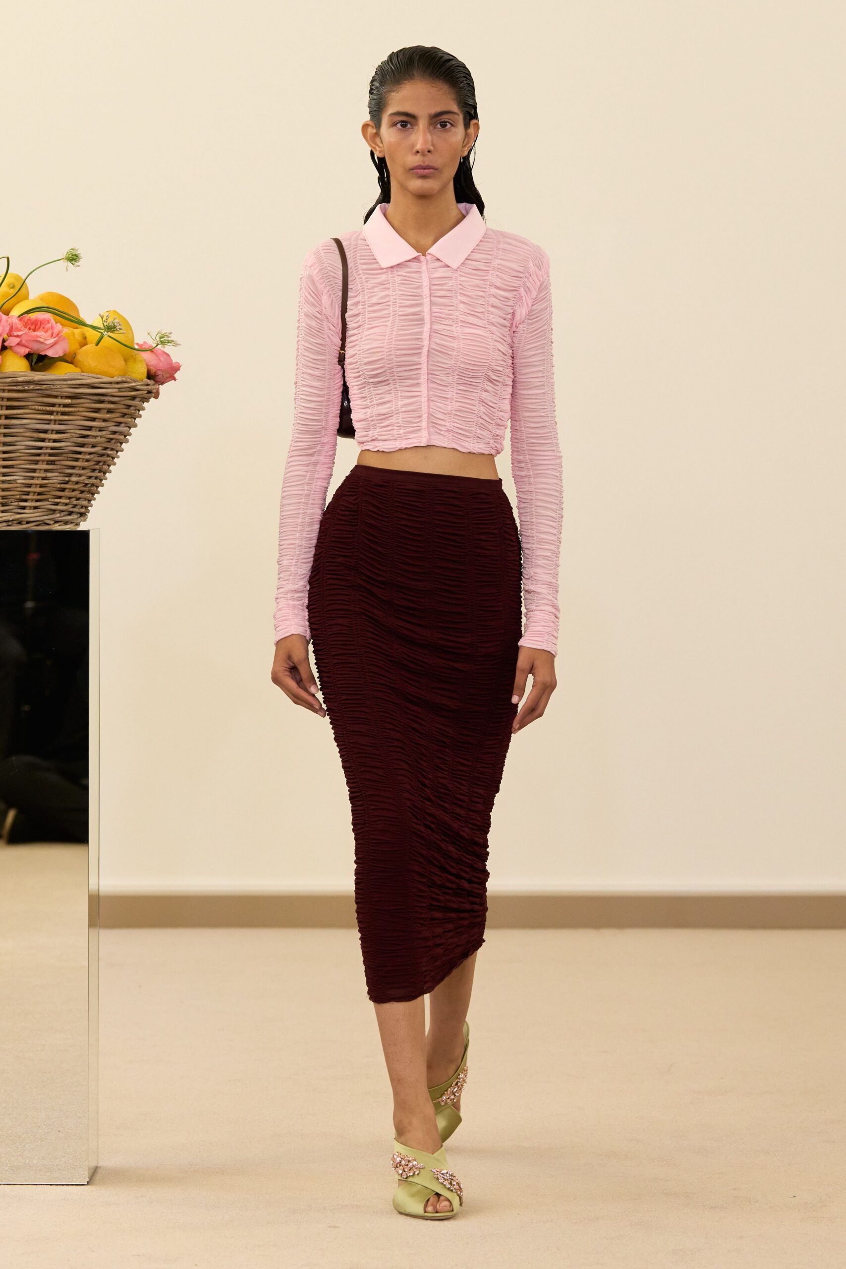 pink cotton long-sleeve collared fitted ruched cropped top