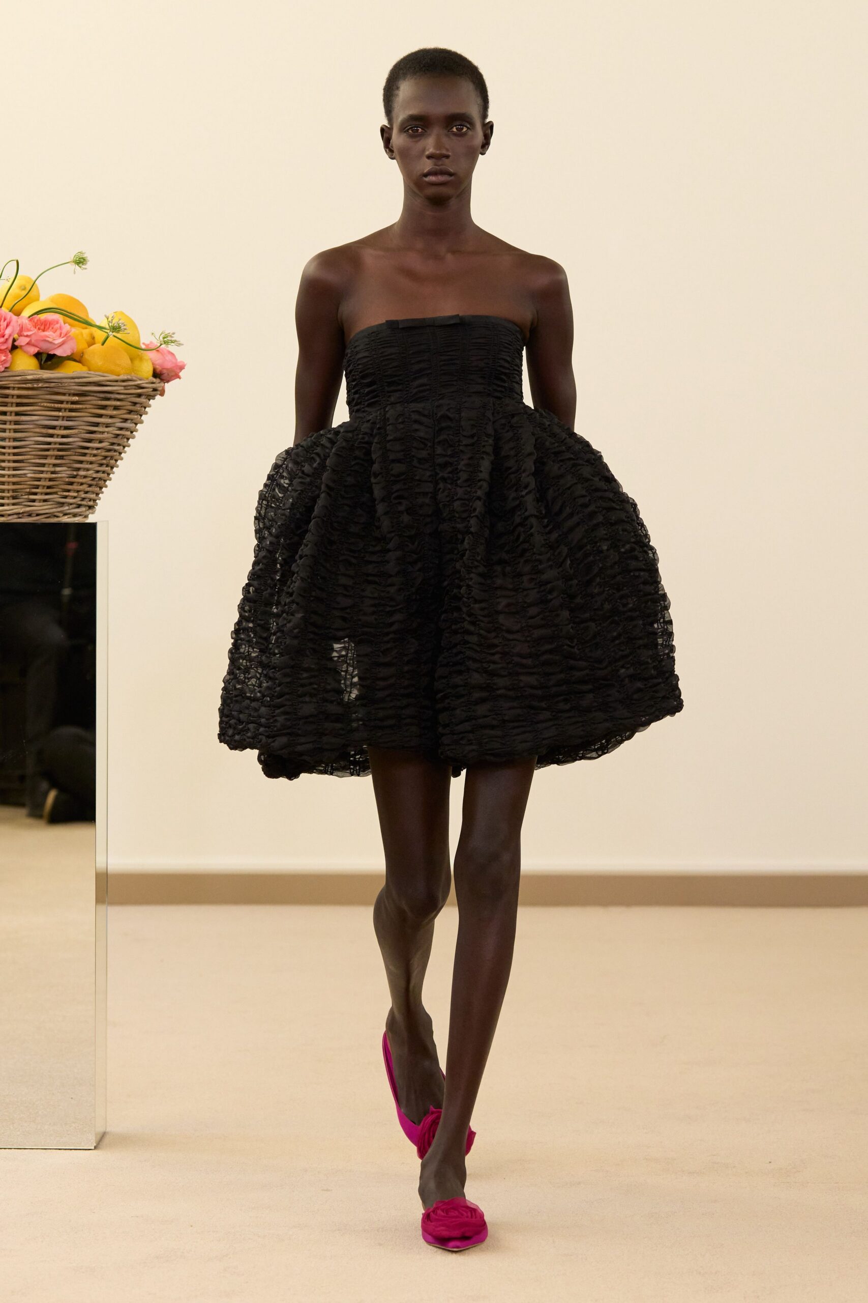 black cotton strapless fitted pleated mini dress