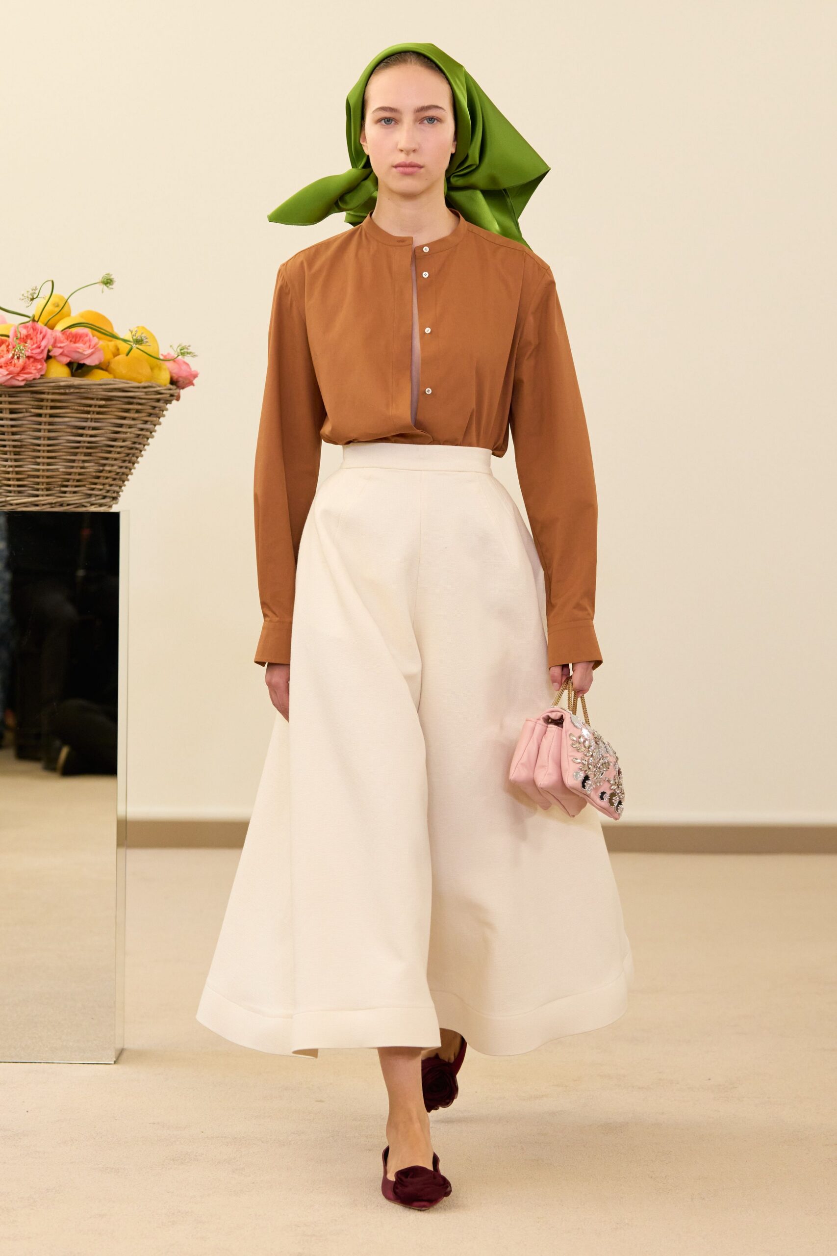 brown shirt white midi skirt