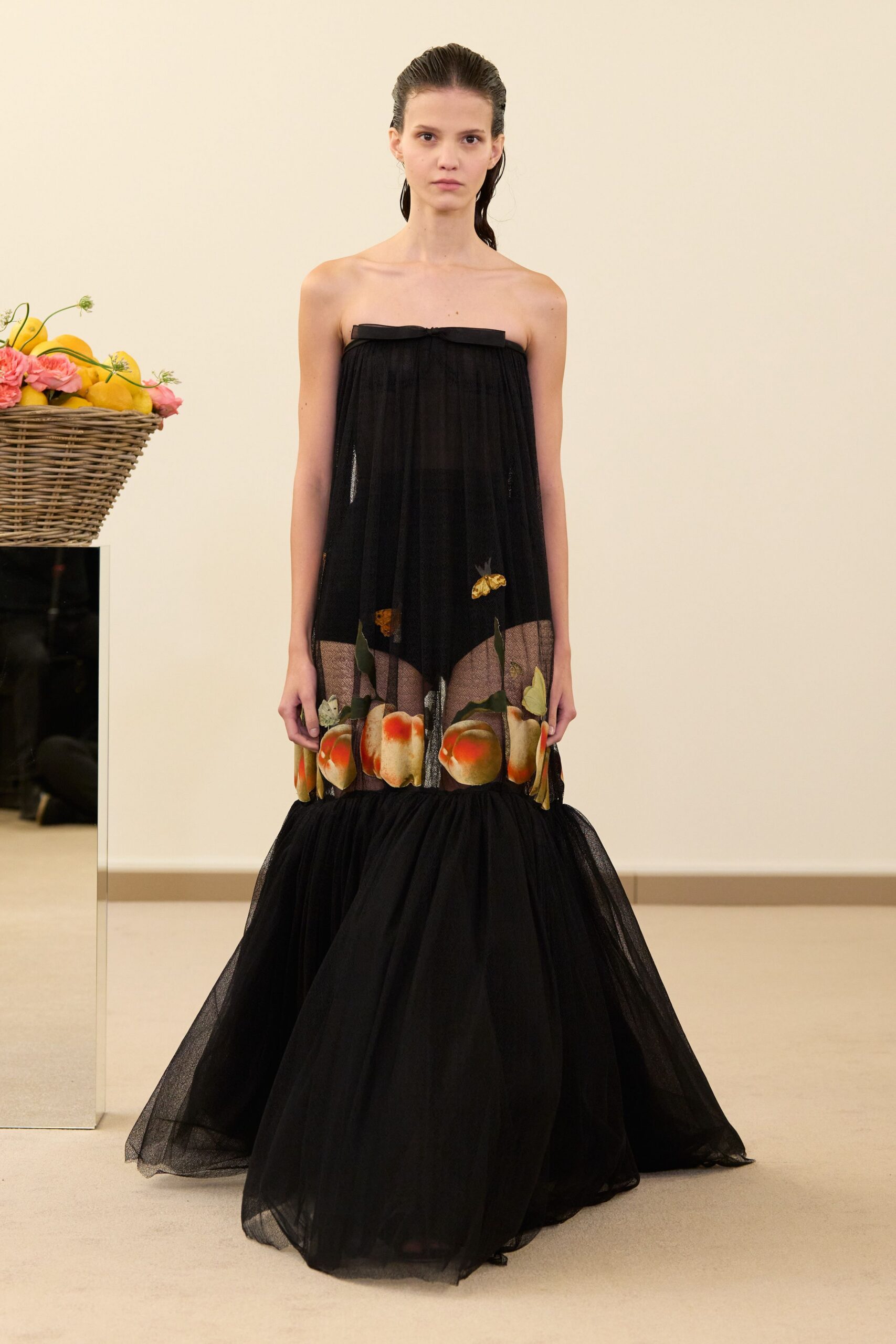 black strapless flowing gown