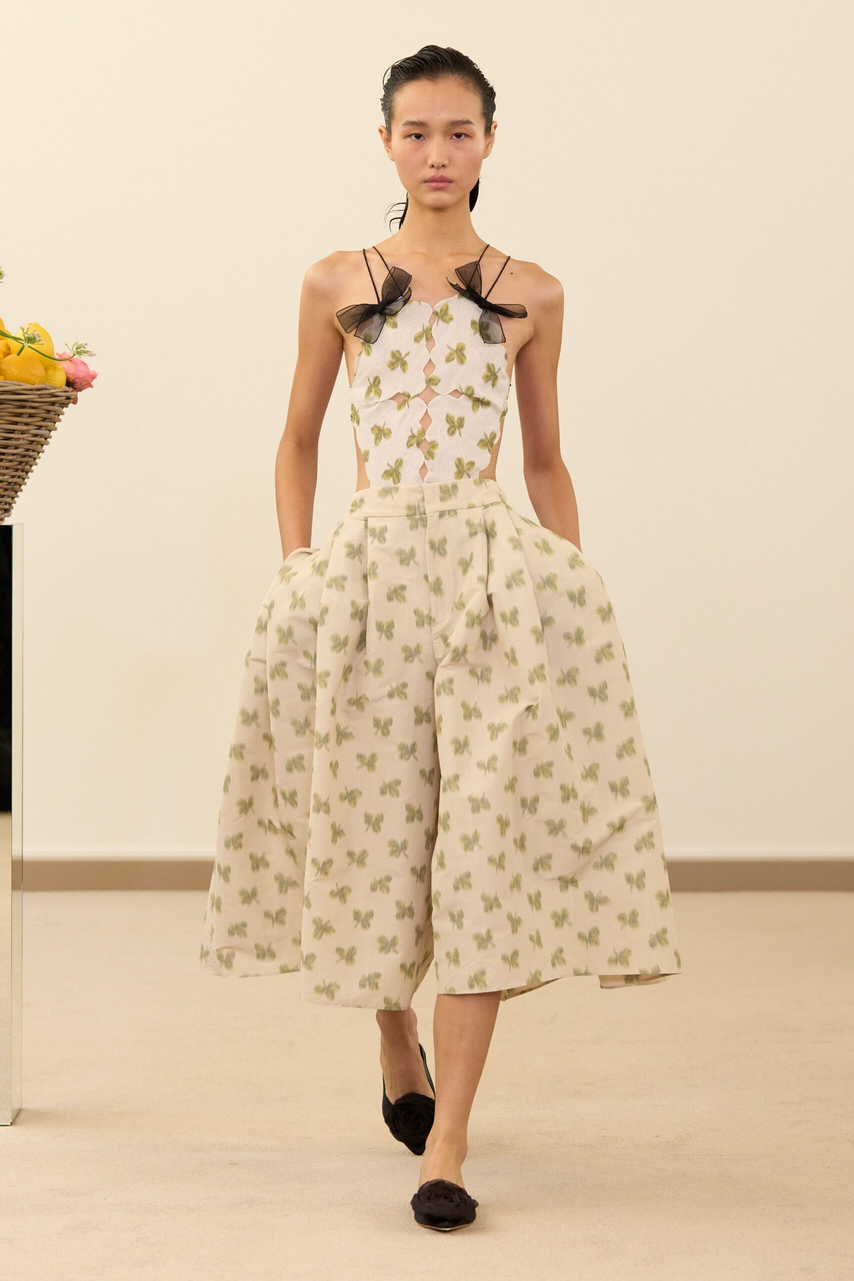 beige cotton sleeveless v-neck relaxed pleated printed dress