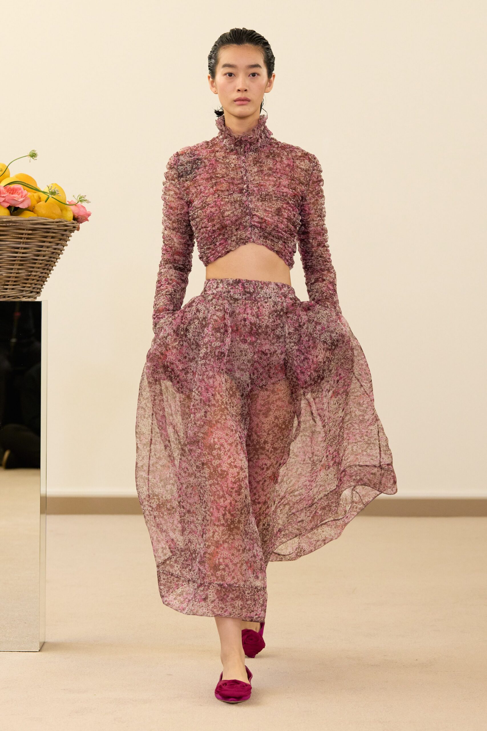 pink chiffon long-sleeve high-neck fitted ruched sheer top