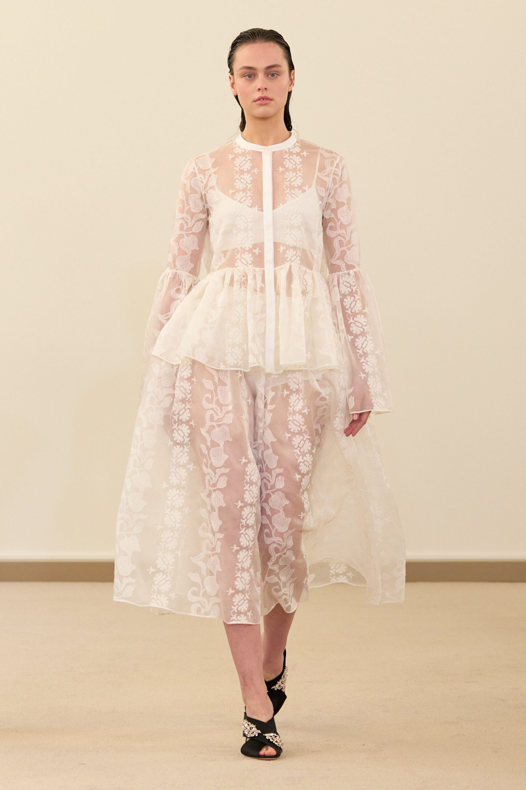white lace long-sleeve collared fitted embroidered layered dress
