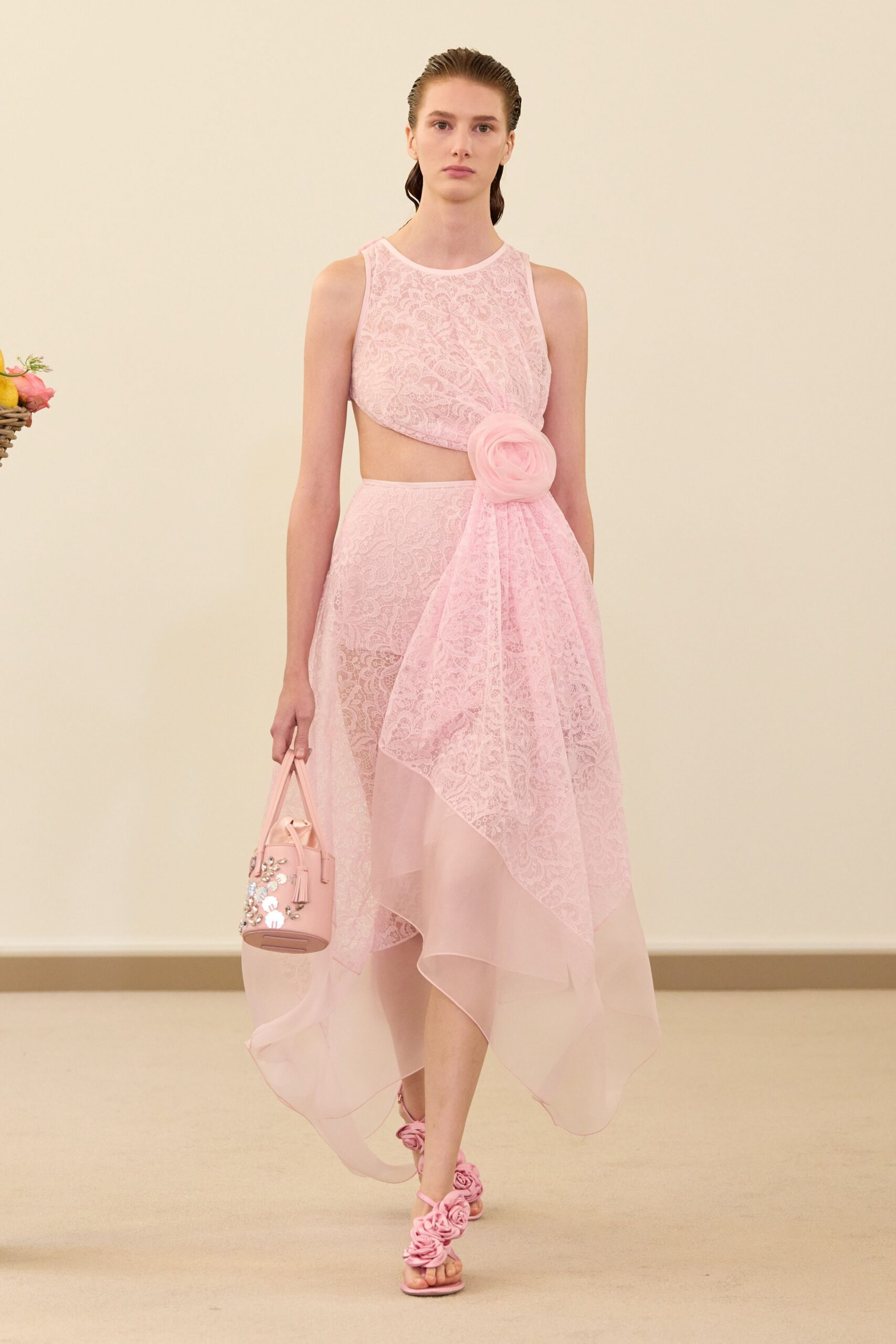 pink lace sleeveless high-neck fitted tiered draped dress