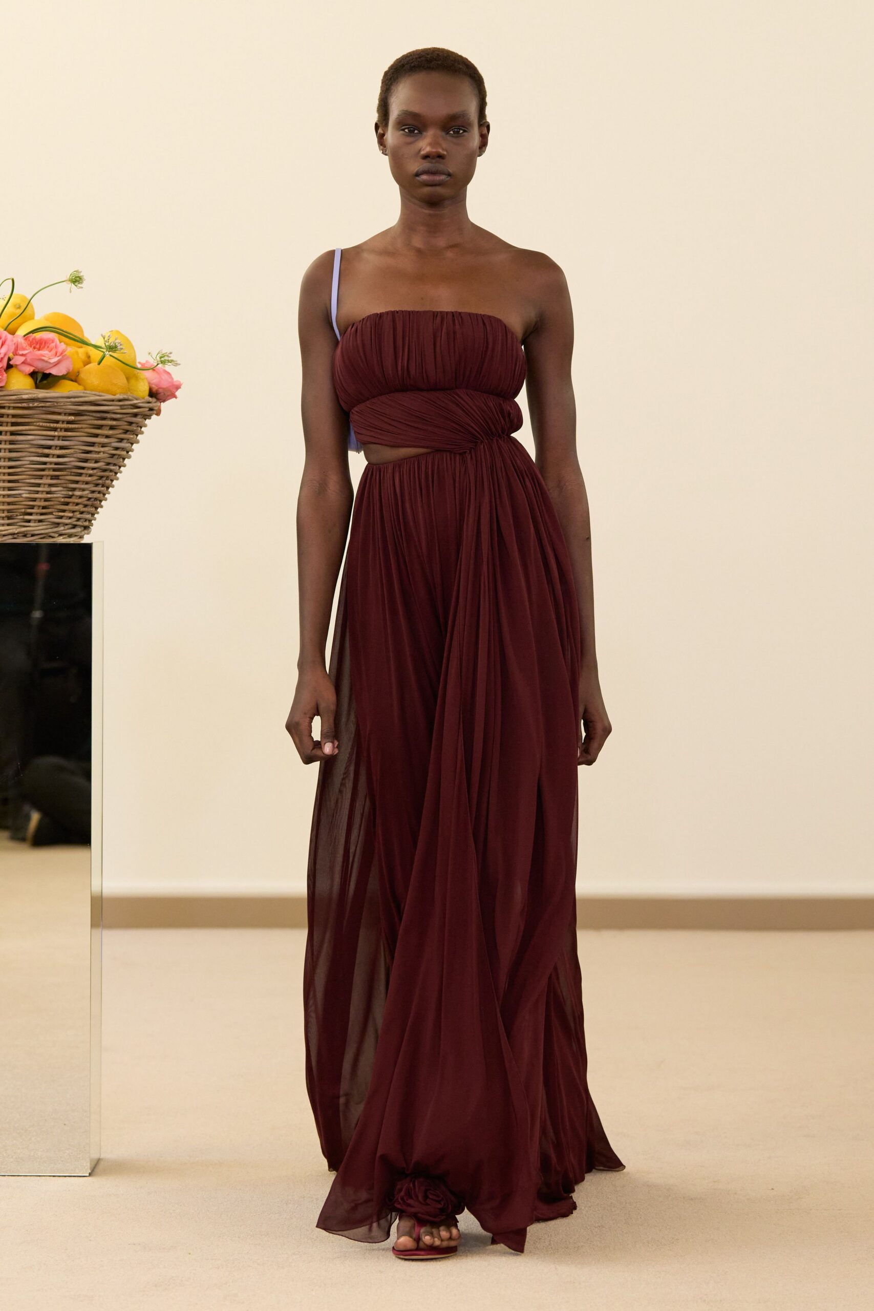 maroon chiffon sleeveless cutout fitted draped flowing gown