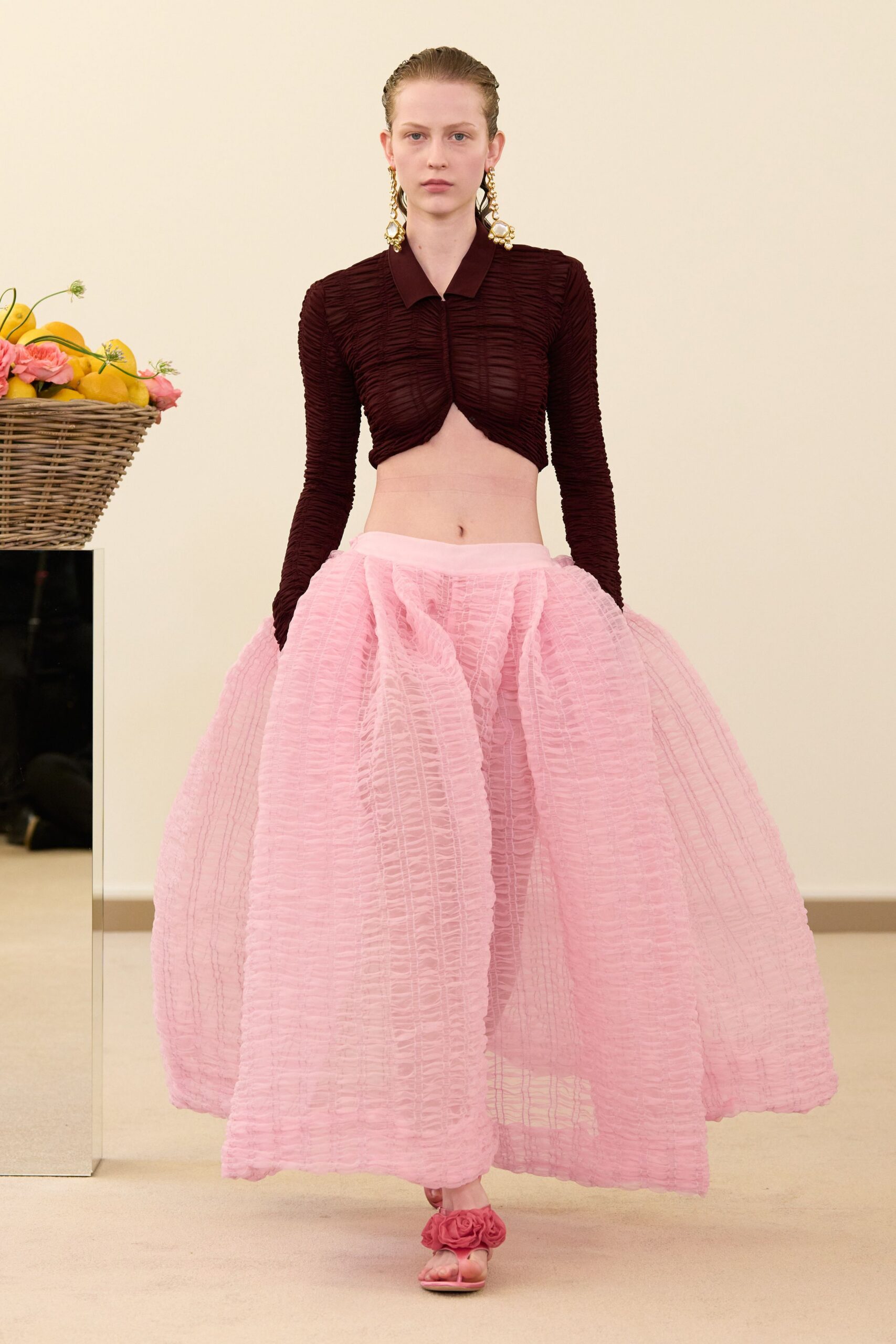 red silk long-sleeve collared fitted pleated top