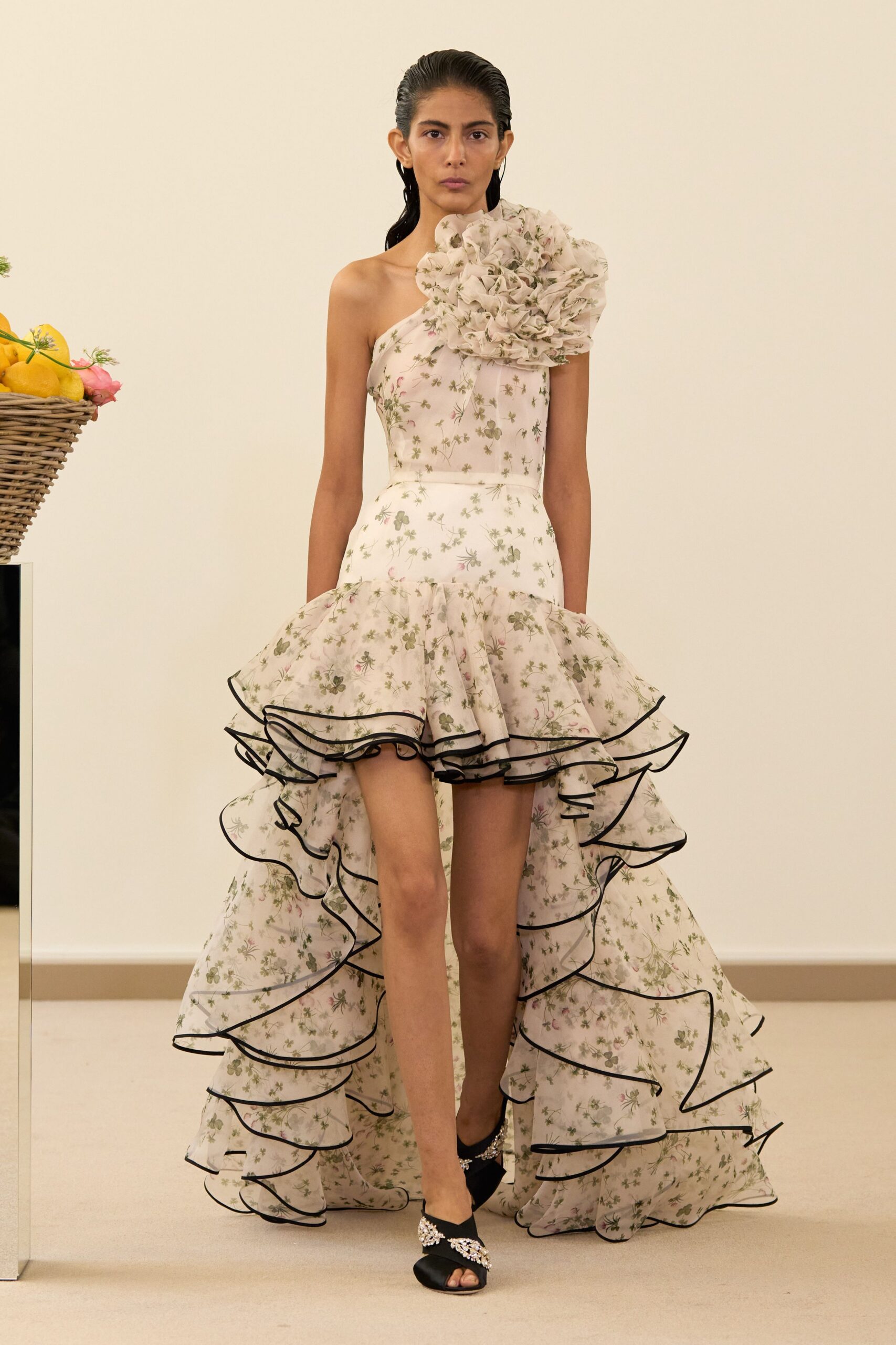 white silk sleeveless off-shoulder fitted floral flared dress