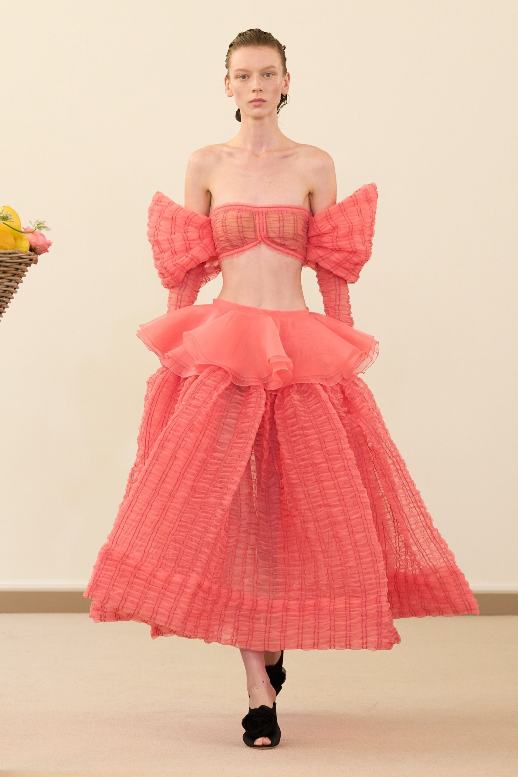 pink tulle sleeveless off-shoulder fitted pleated flared dress