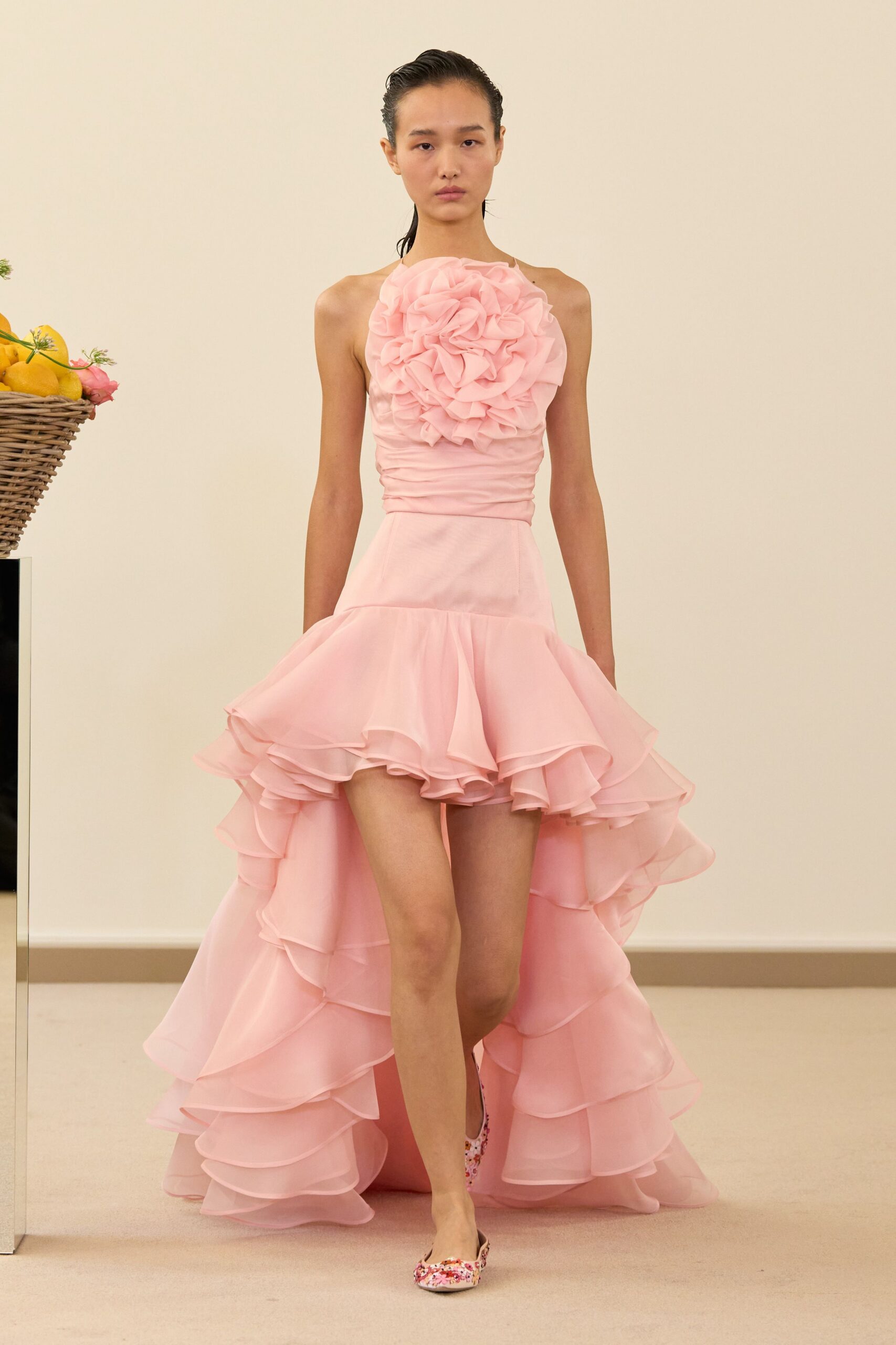 pink chiffon sleeveless halter fitted ruffled tiered gown