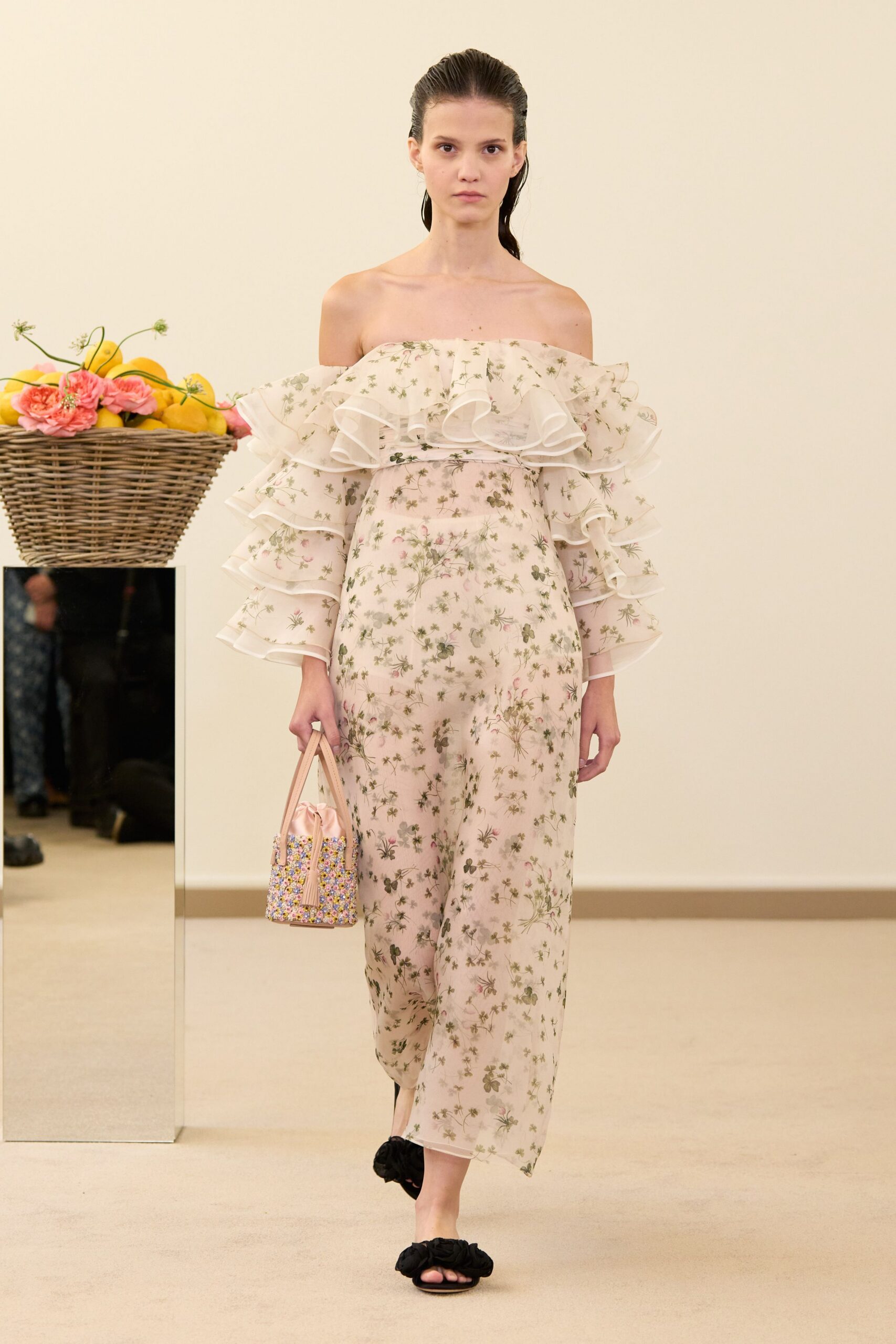 beige chiffon off-shoulder long-sleeve fitted floral ruffled dress