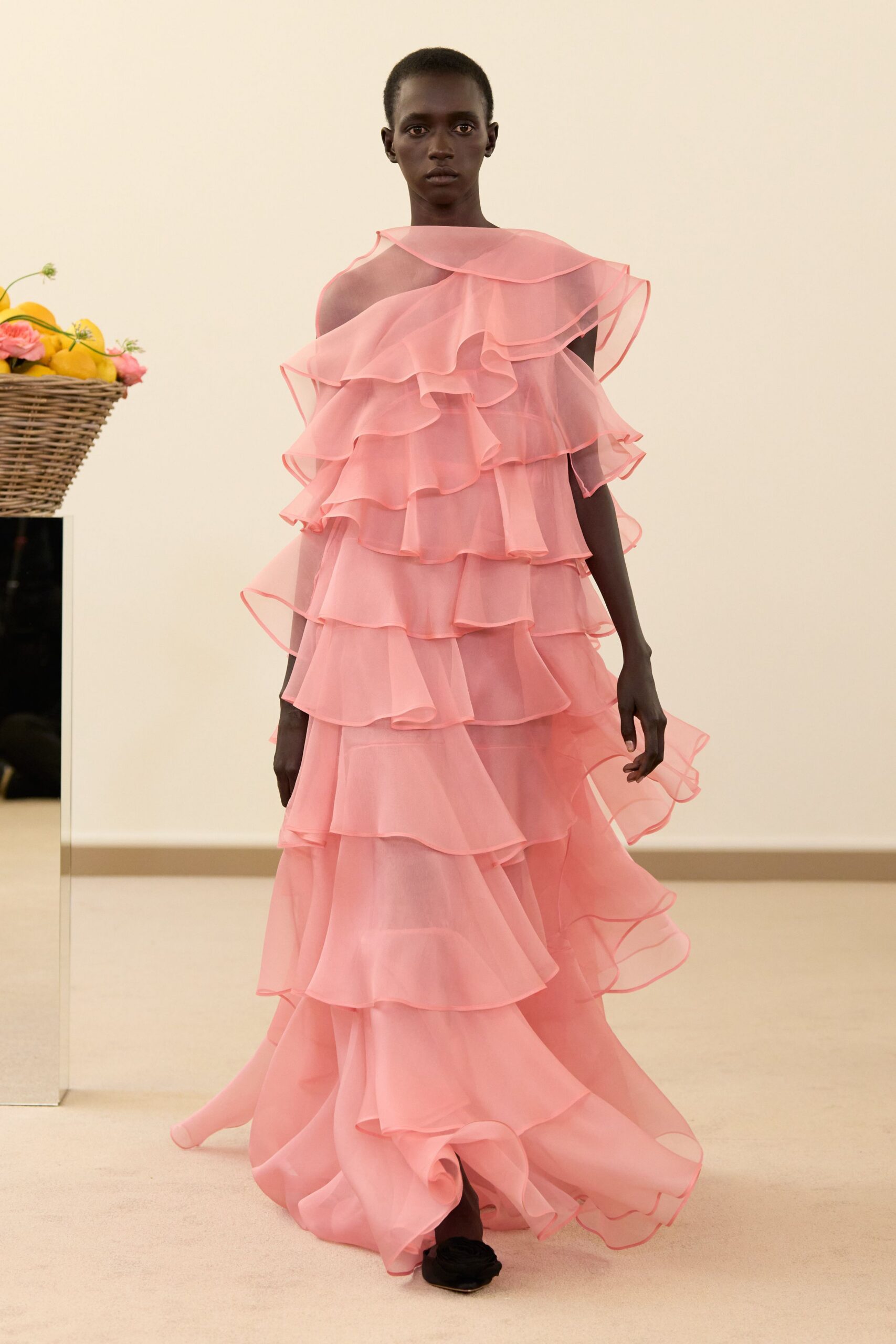 pink chiffon sleeveless off-shoulder fitted tiered ruffled gown