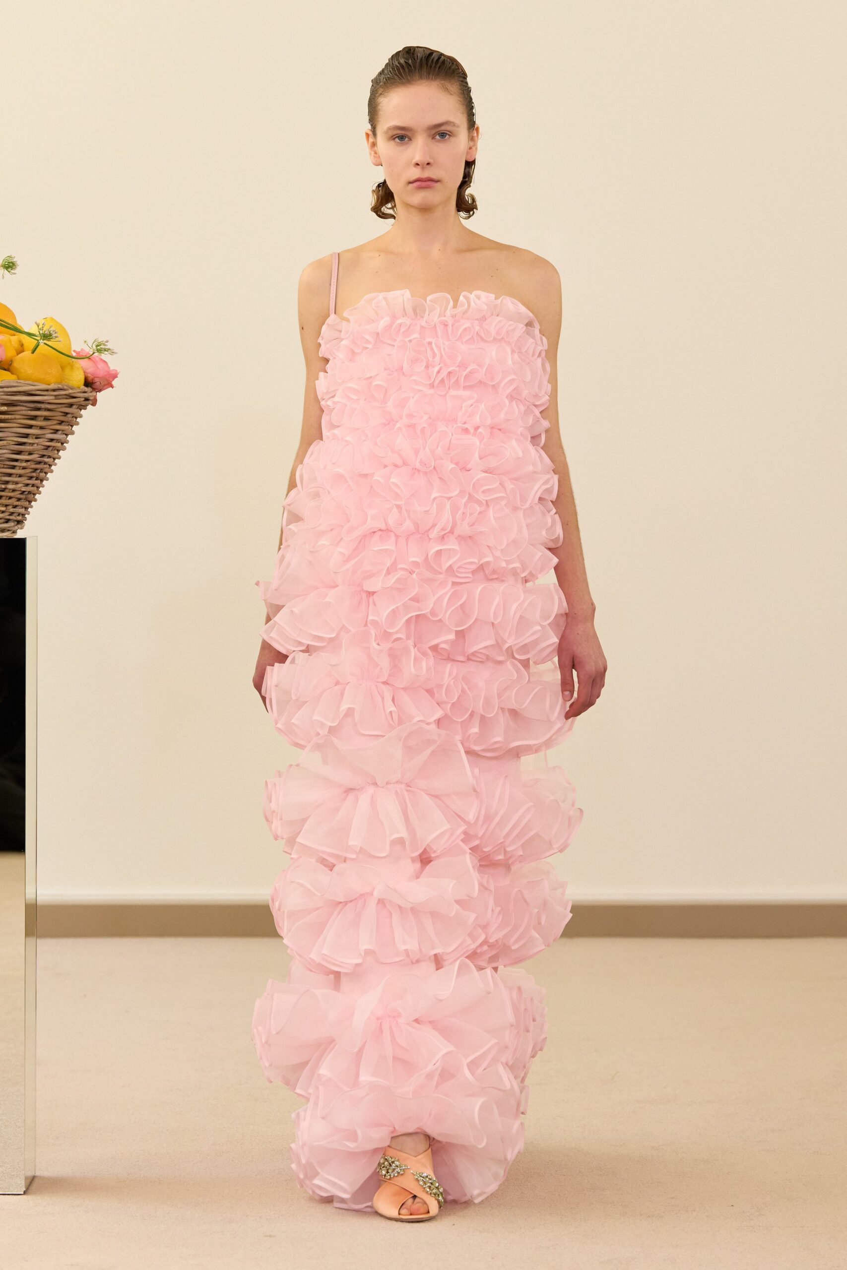 pink tulle sleeveless fitted ruffled flowing maxi gown