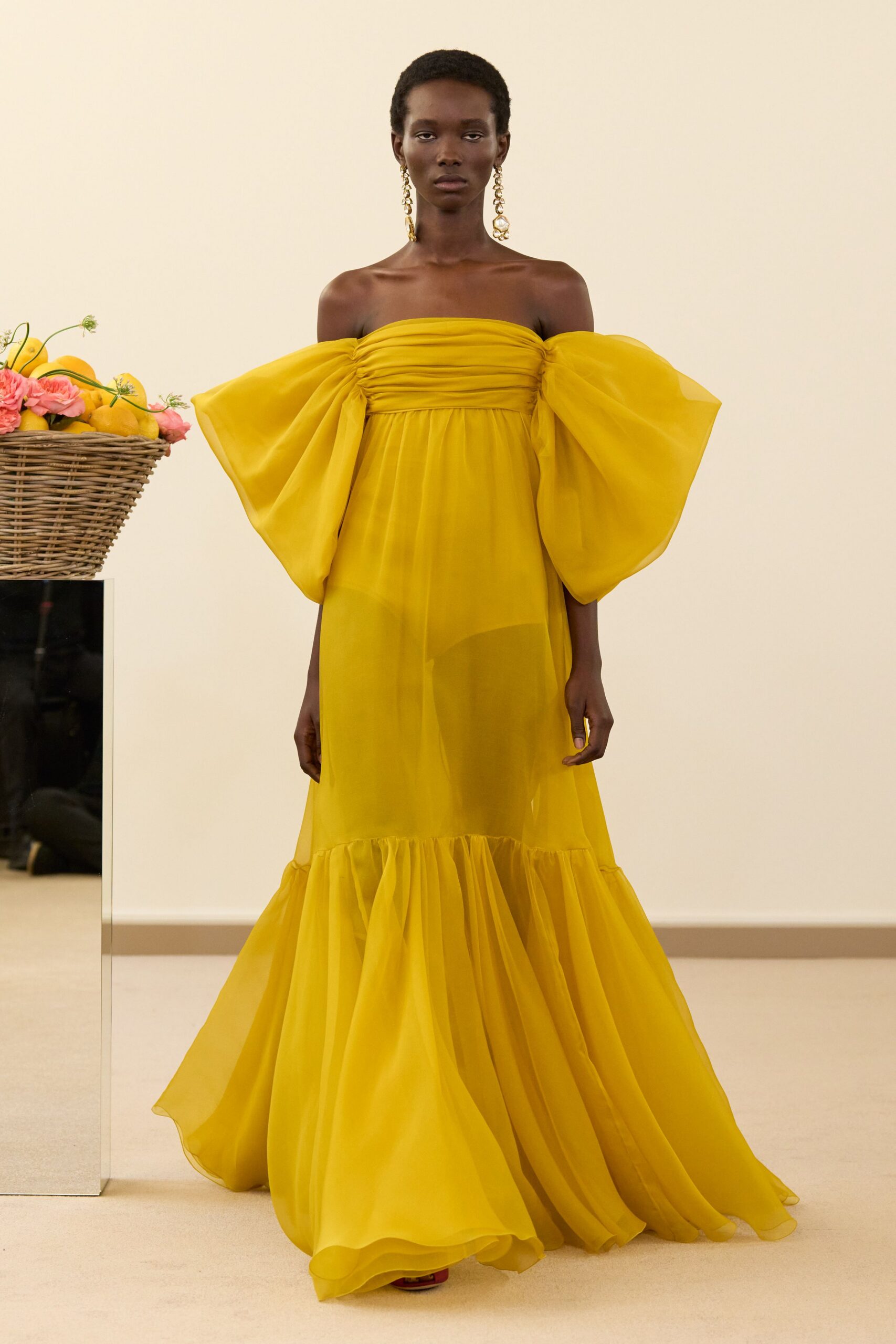 yellow off-shoulder chiffon gown
