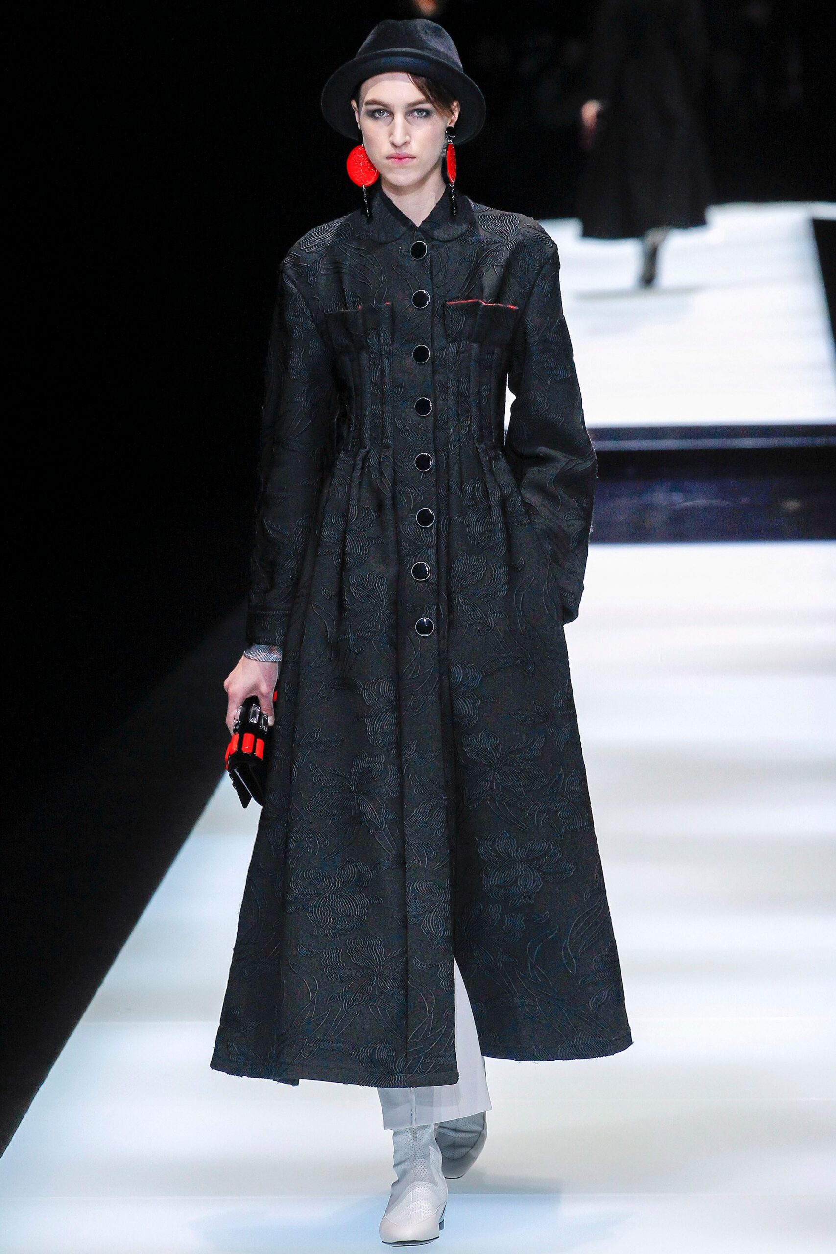 black cotton long-sleeve collared fitted buttoned embroidered dress