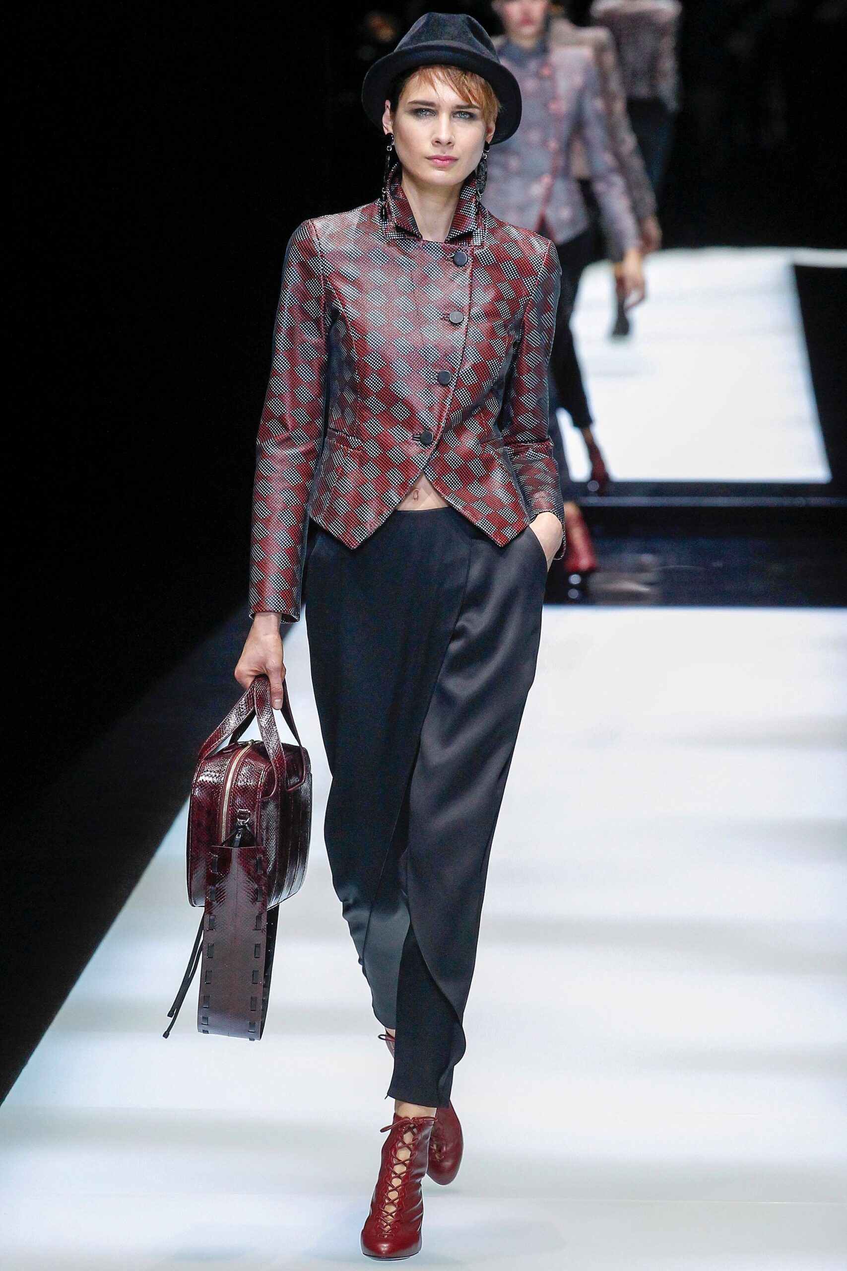 red silk long-sleeve collared fitted buttoned printed jacket