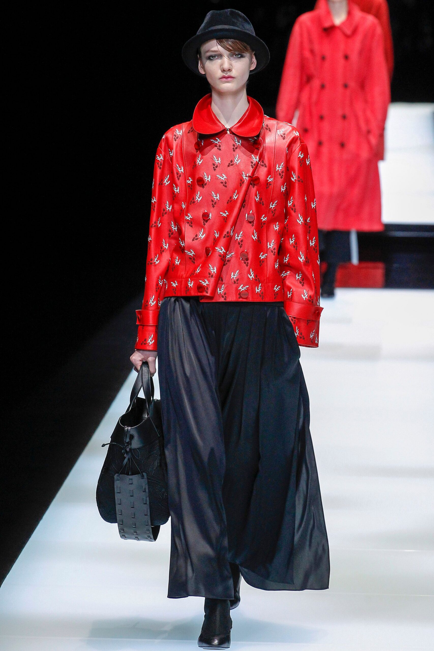 red silk long-sleeve collared relaxed embroidered top