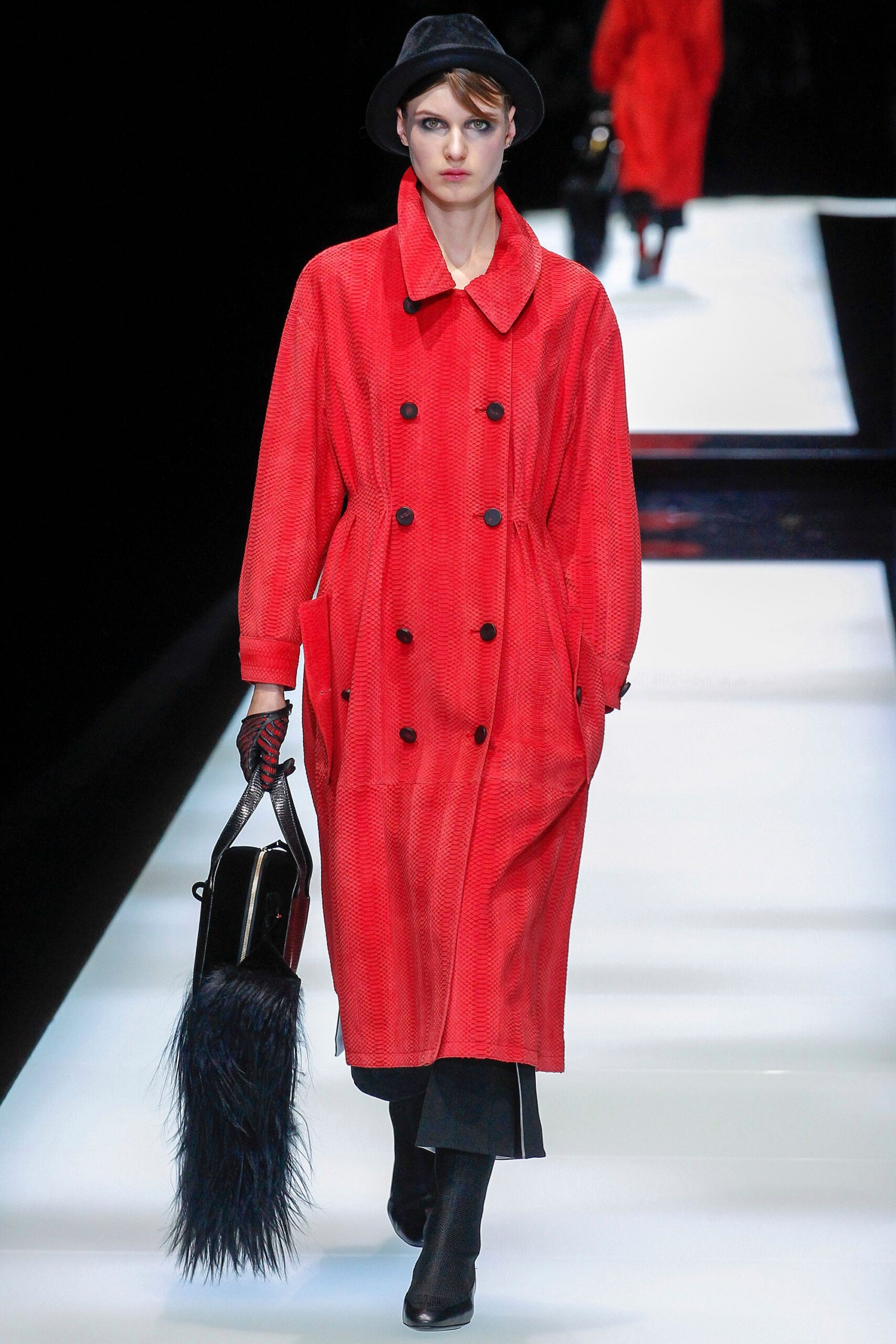red trench coat with black pants