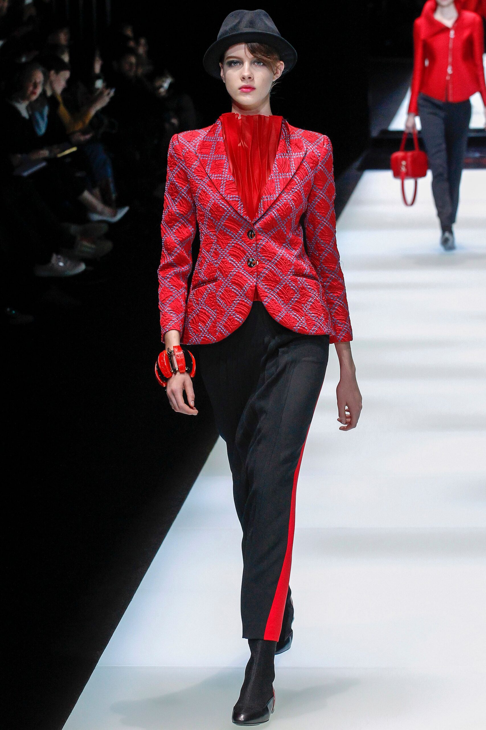red cotton long-sleeve collared tailored checked blazer