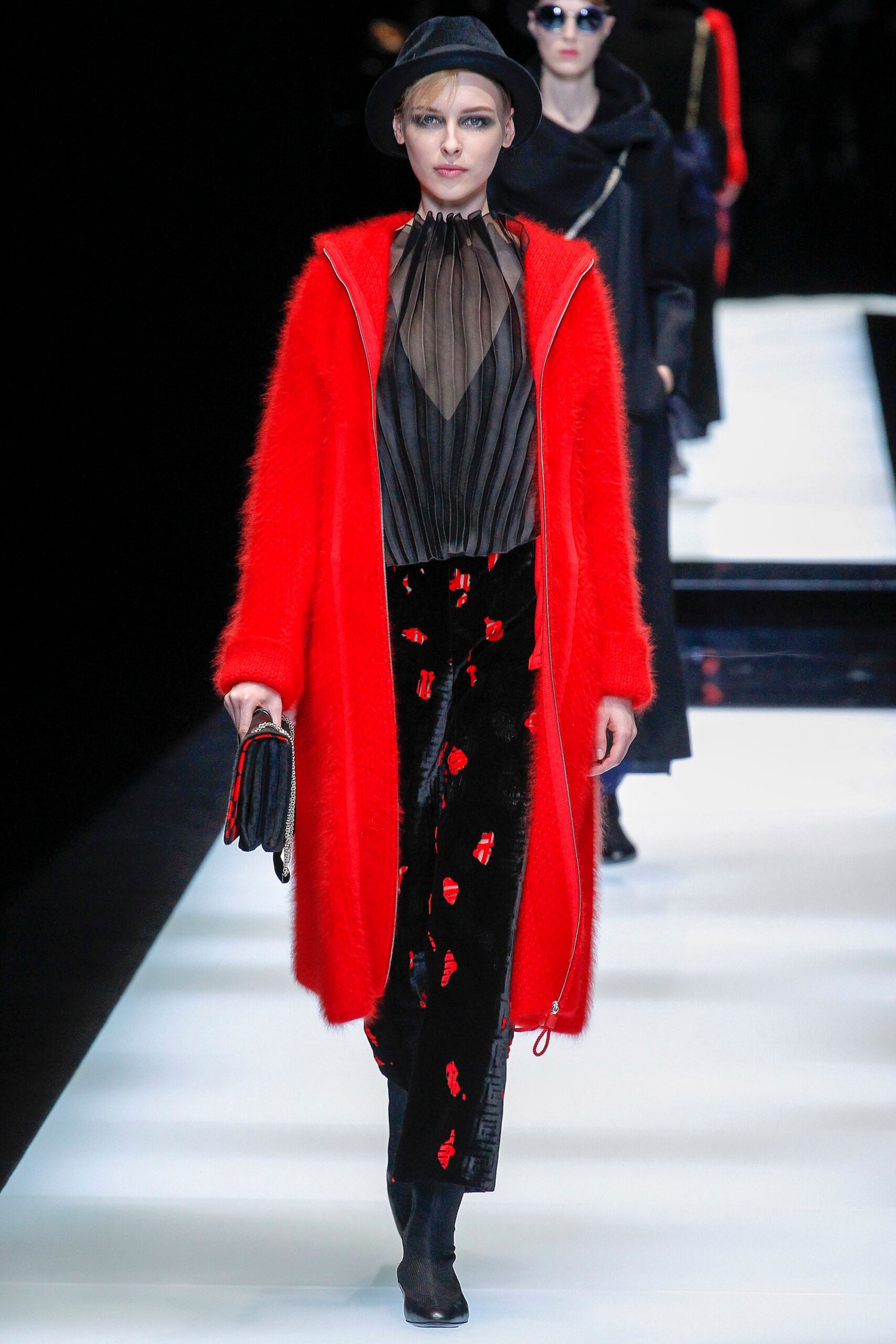 red wool long-sleeve collared oversized draped coat