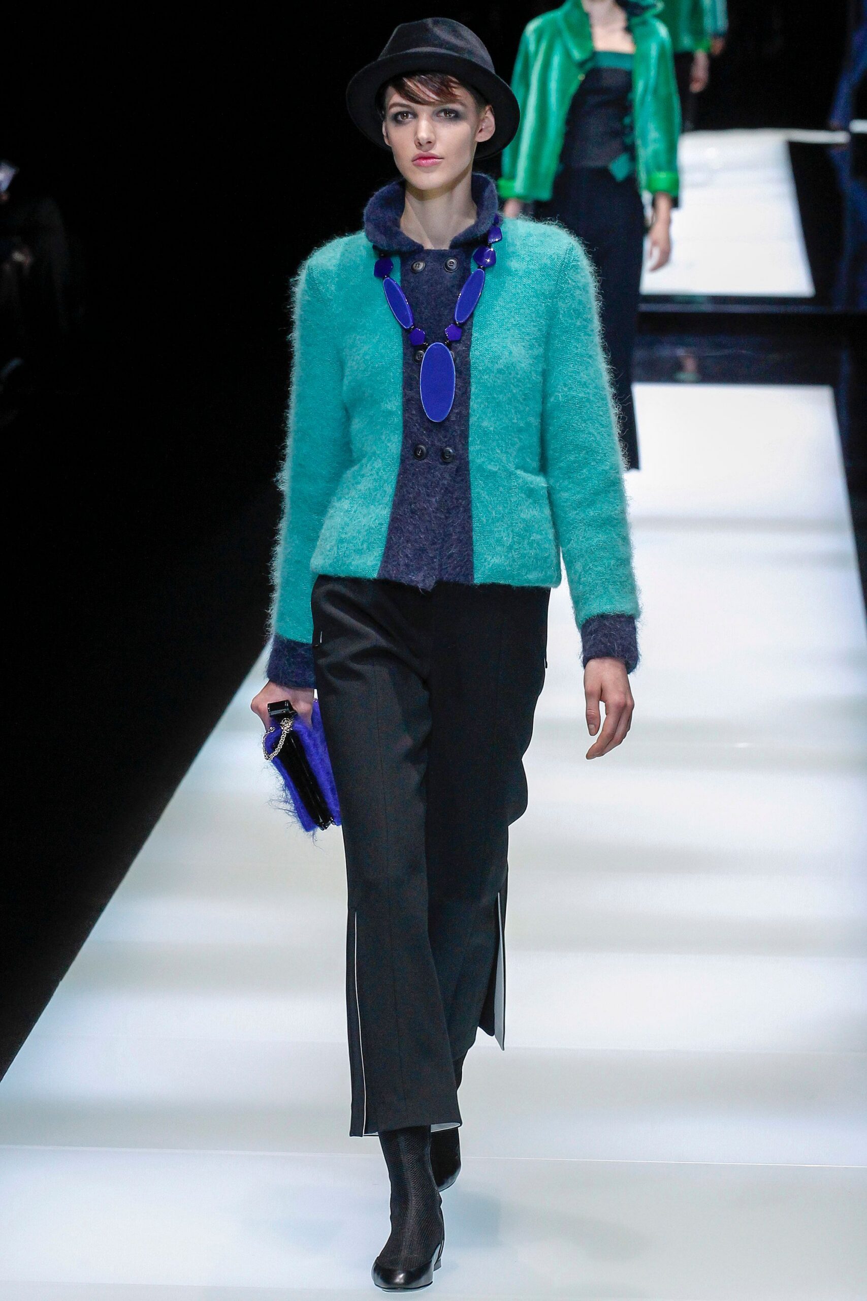 teal wool long-sleeve collared fitted buttoned jacket