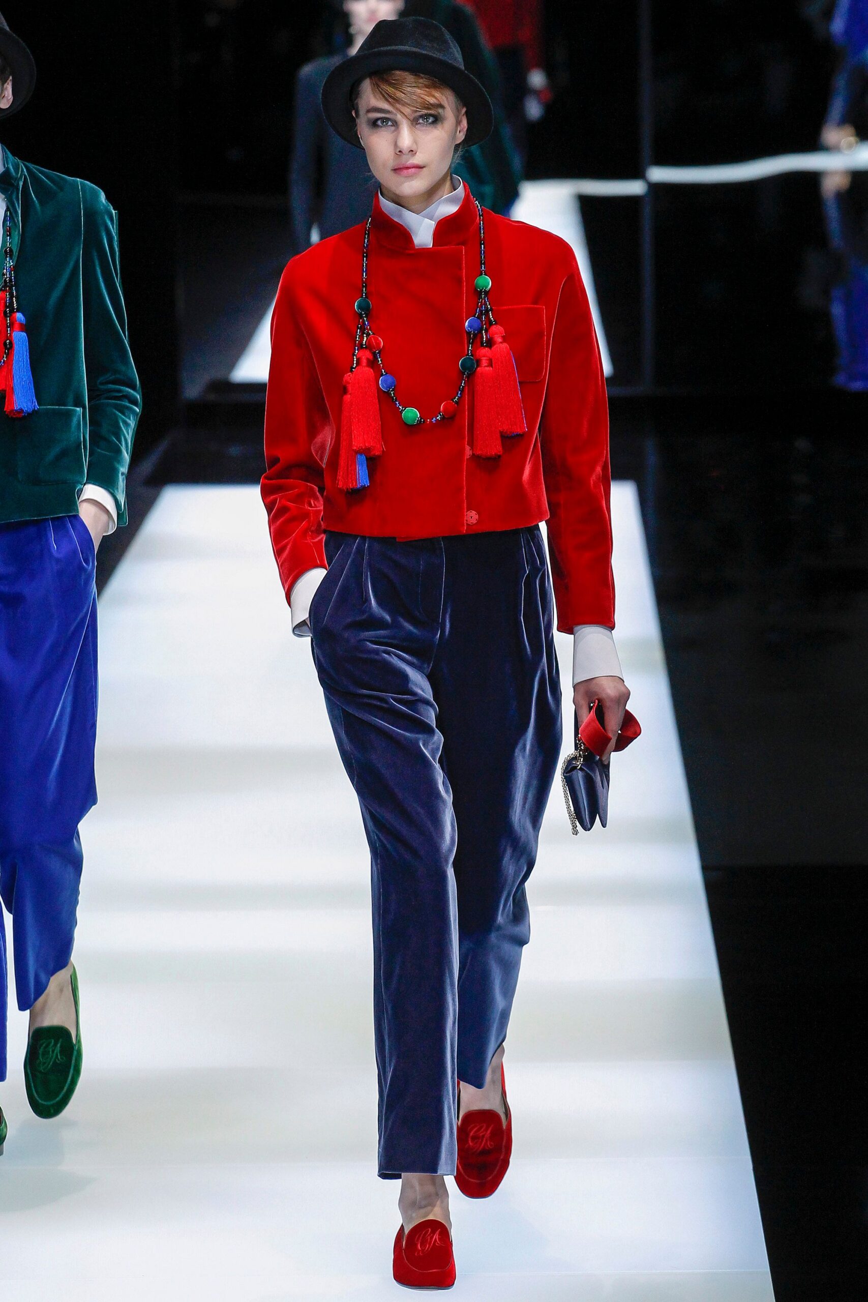 blue velvet fitted straight-leg pants