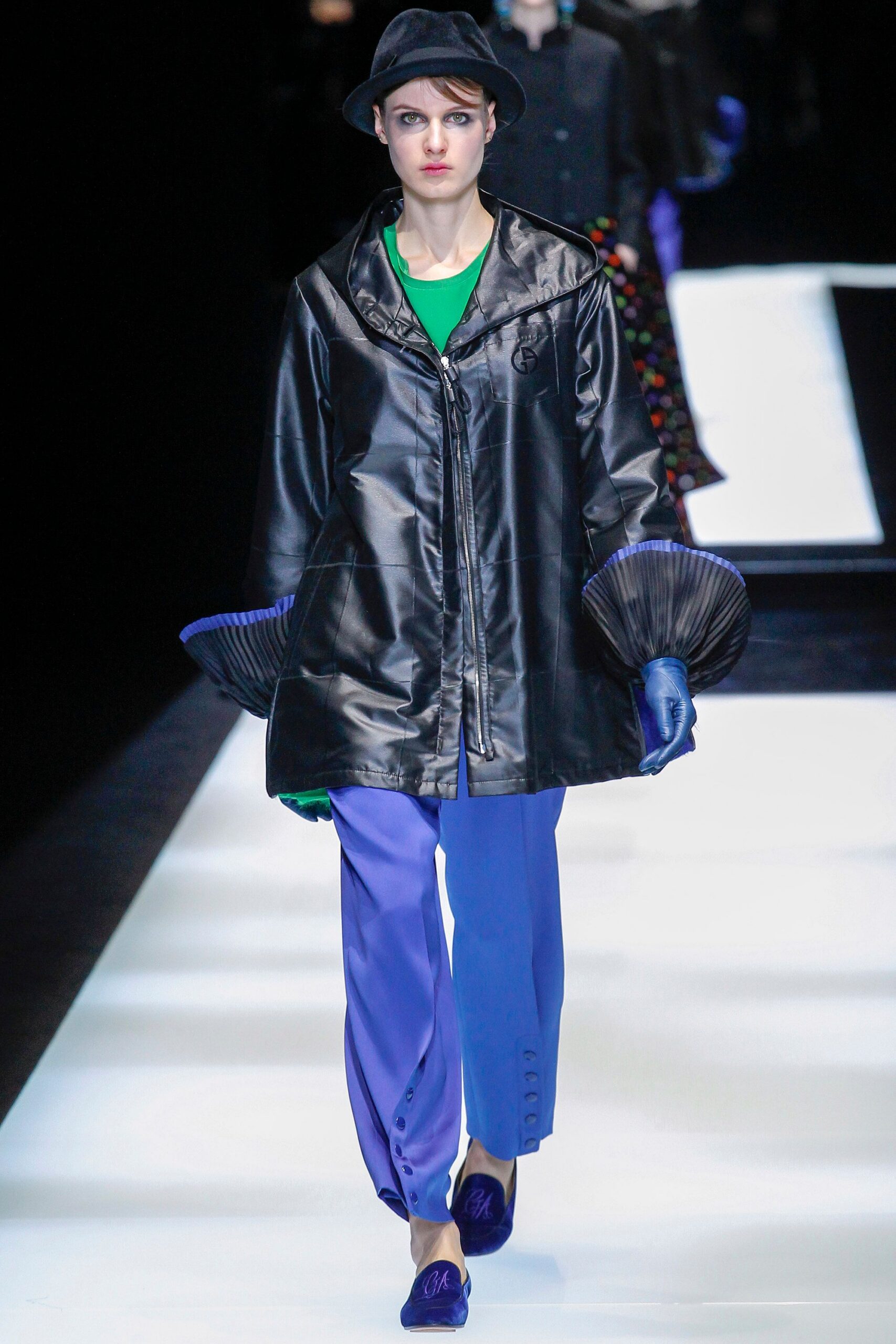 blue silk slim high-waisted buttoned pants