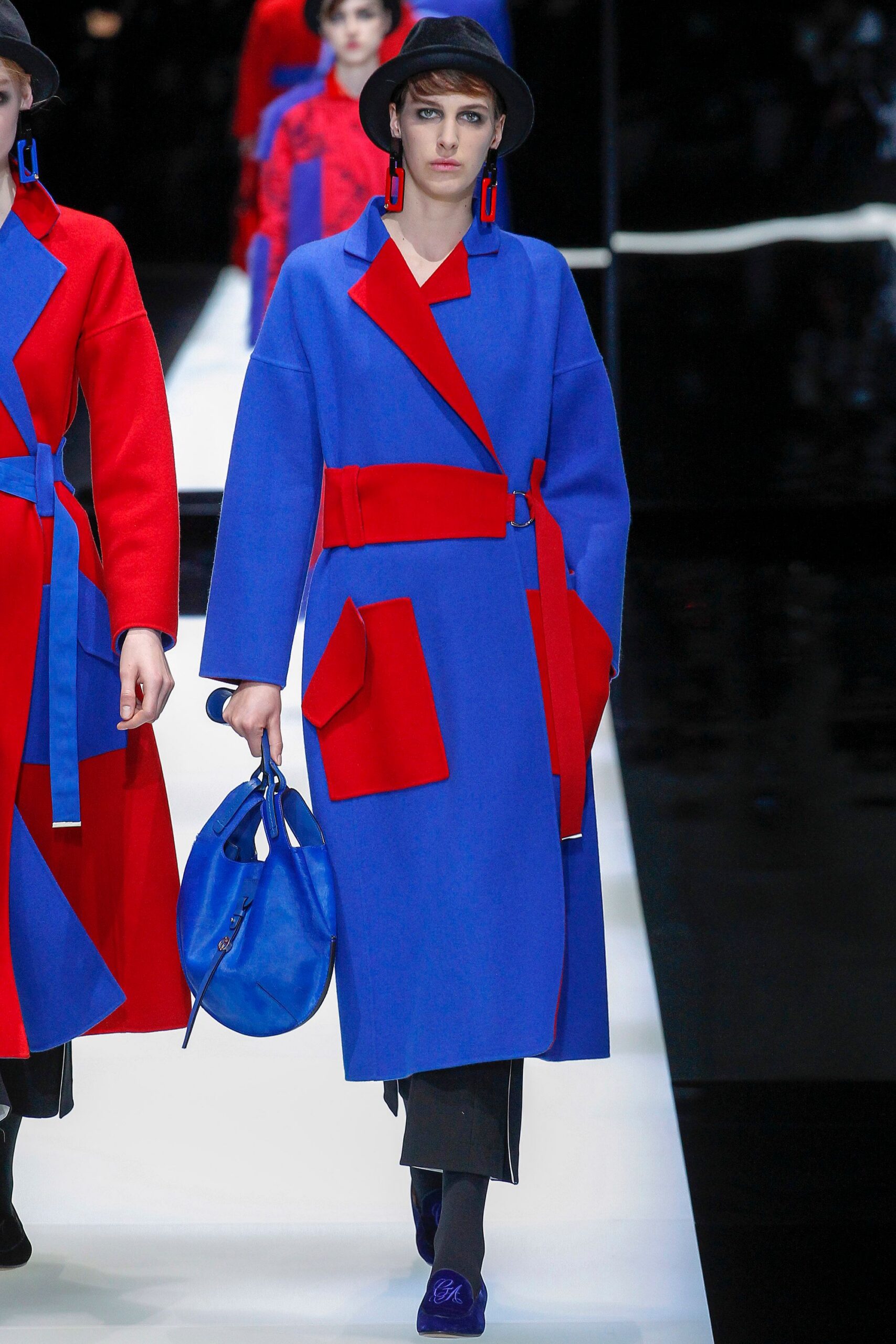 blue wool long-sleeve collared structured pockets color-blocked coat