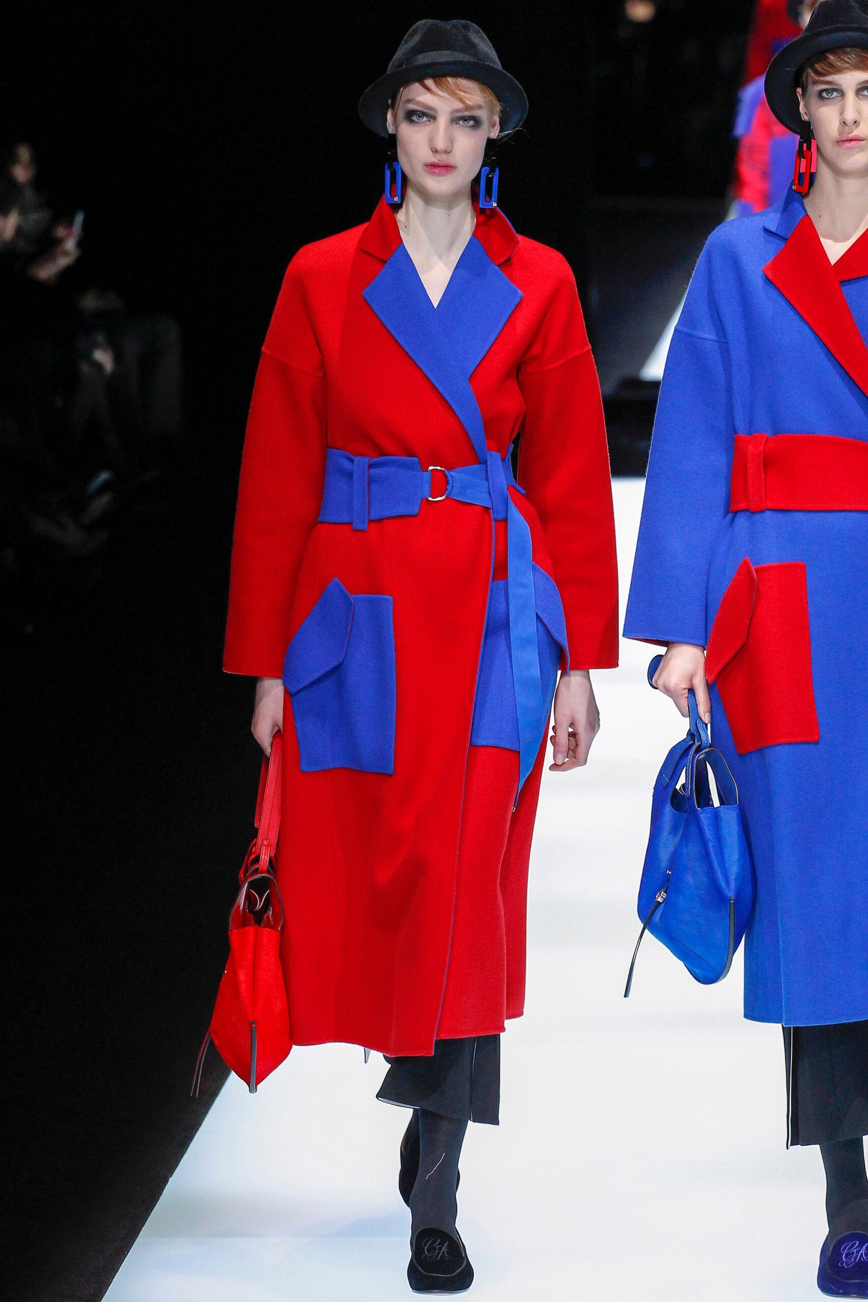 red wool long-sleeve collared fitted belted coat