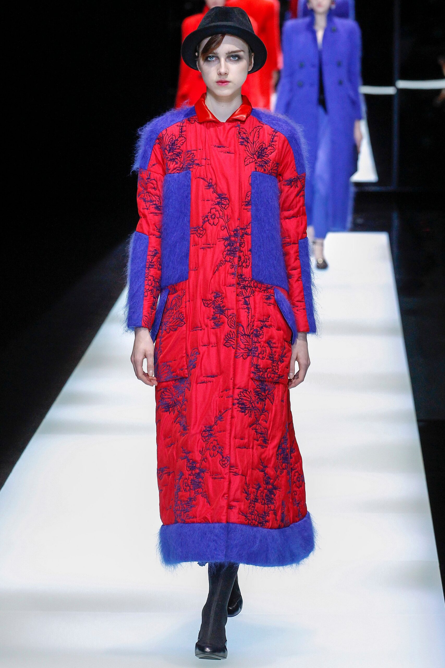 red embroidered coat with blue details