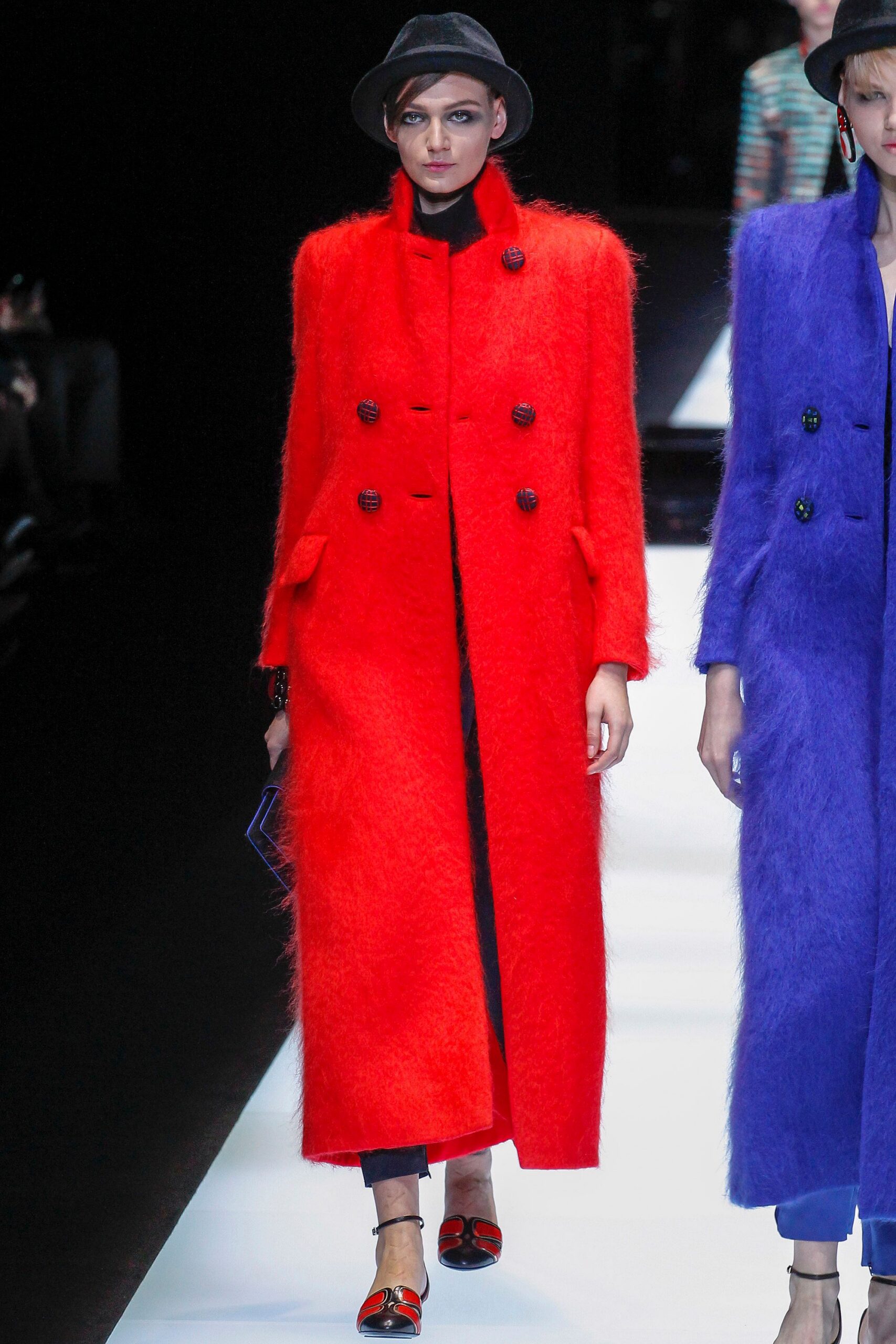 red wool long-sleeve collared fitted textured maxi coat