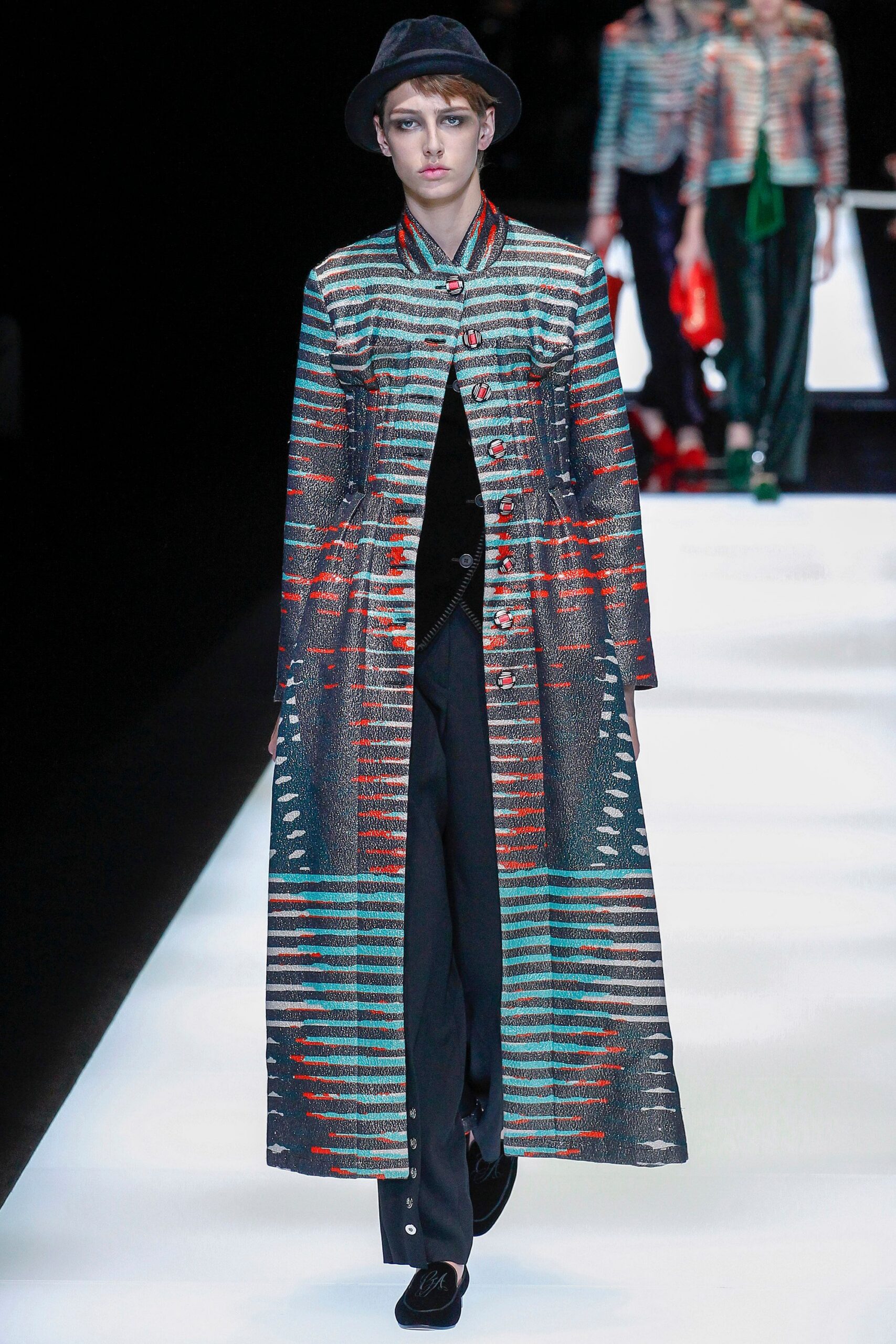 multi wool long-sleeve collared fitted striped buttoned coat