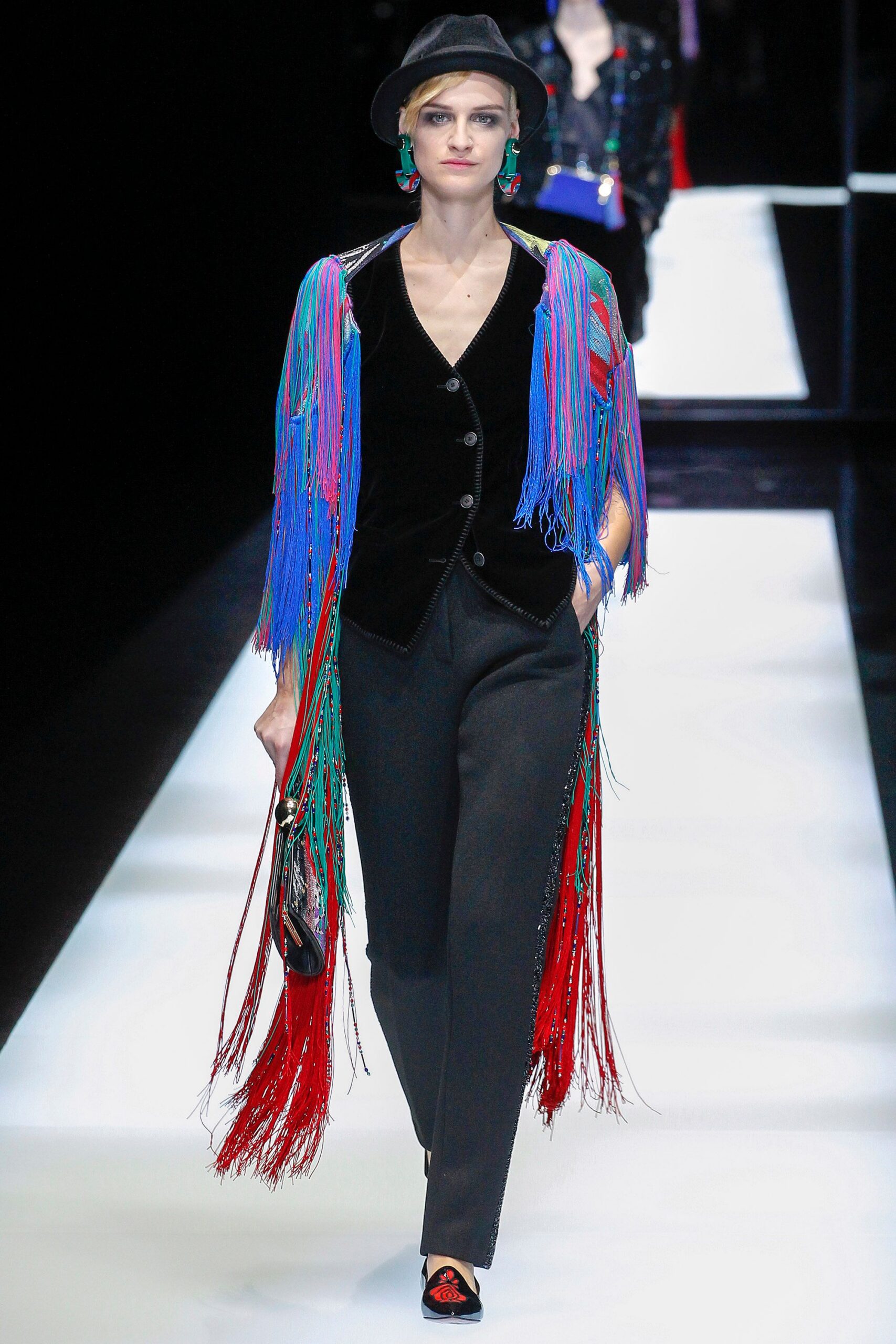 black velvet long-sleeve collared fitted fringed blazer