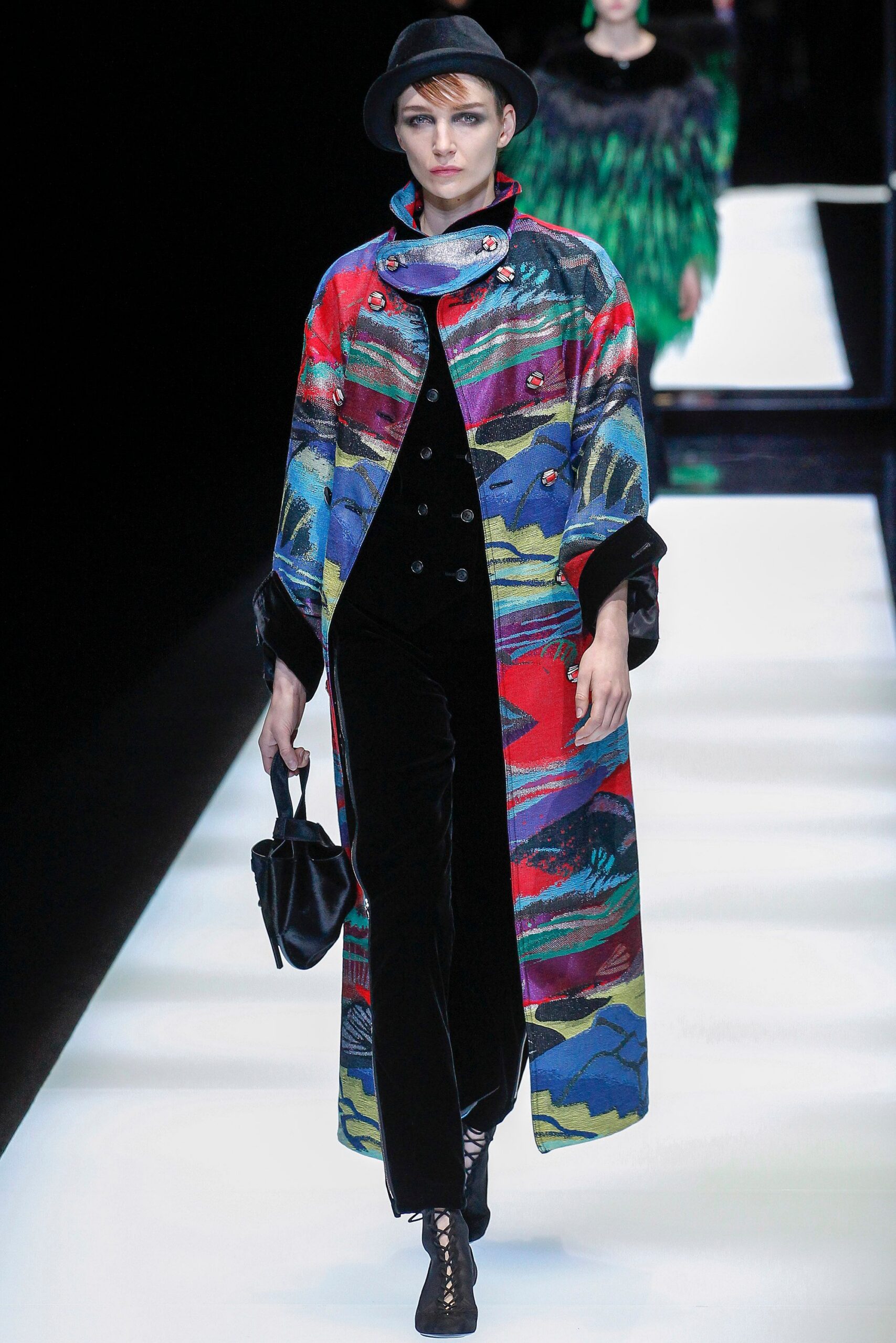 red silk long-sleeve collared relaxed printed coat