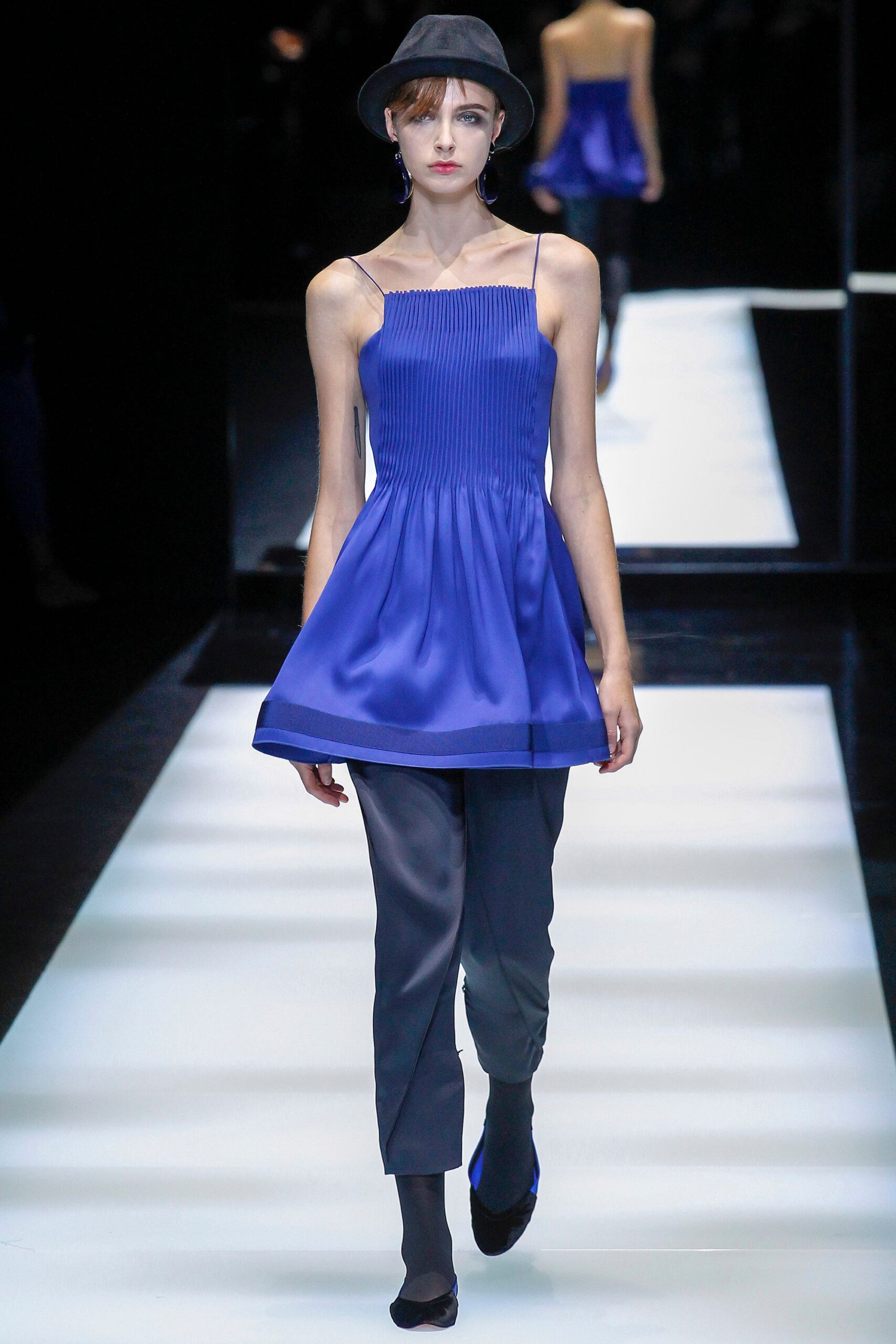 blue silk sleeveless v-neck fitted pleated top